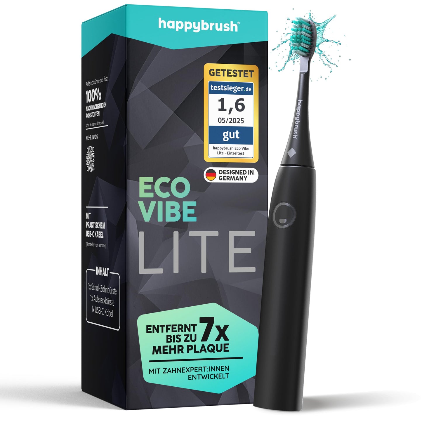 Elektriskā zobu birste happybrush® Schallzahnbürste Eco Vibe LITE – TESTSIEGER – 100 dienu izmēģinājums – ultraskaņas zobu birste ar 8 nedēļu akumulatoru – 2 gadu garantija - AllBlack