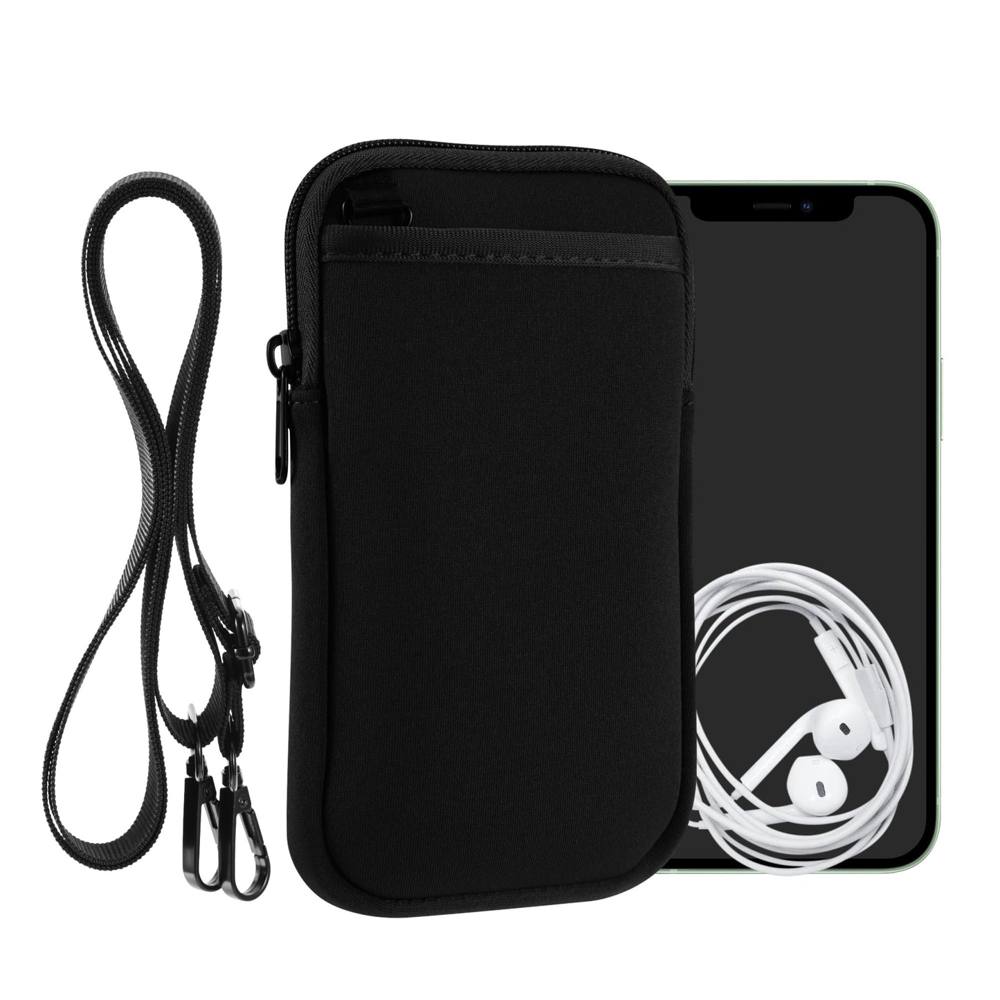 Telefona maciņš uz kakla kwmobile XL - 6,7/6,8" - neoprēna vāciņš ar lenti un rāvējslēdzēju - 17,2 x 8,4 cm - Necklace Case, melns