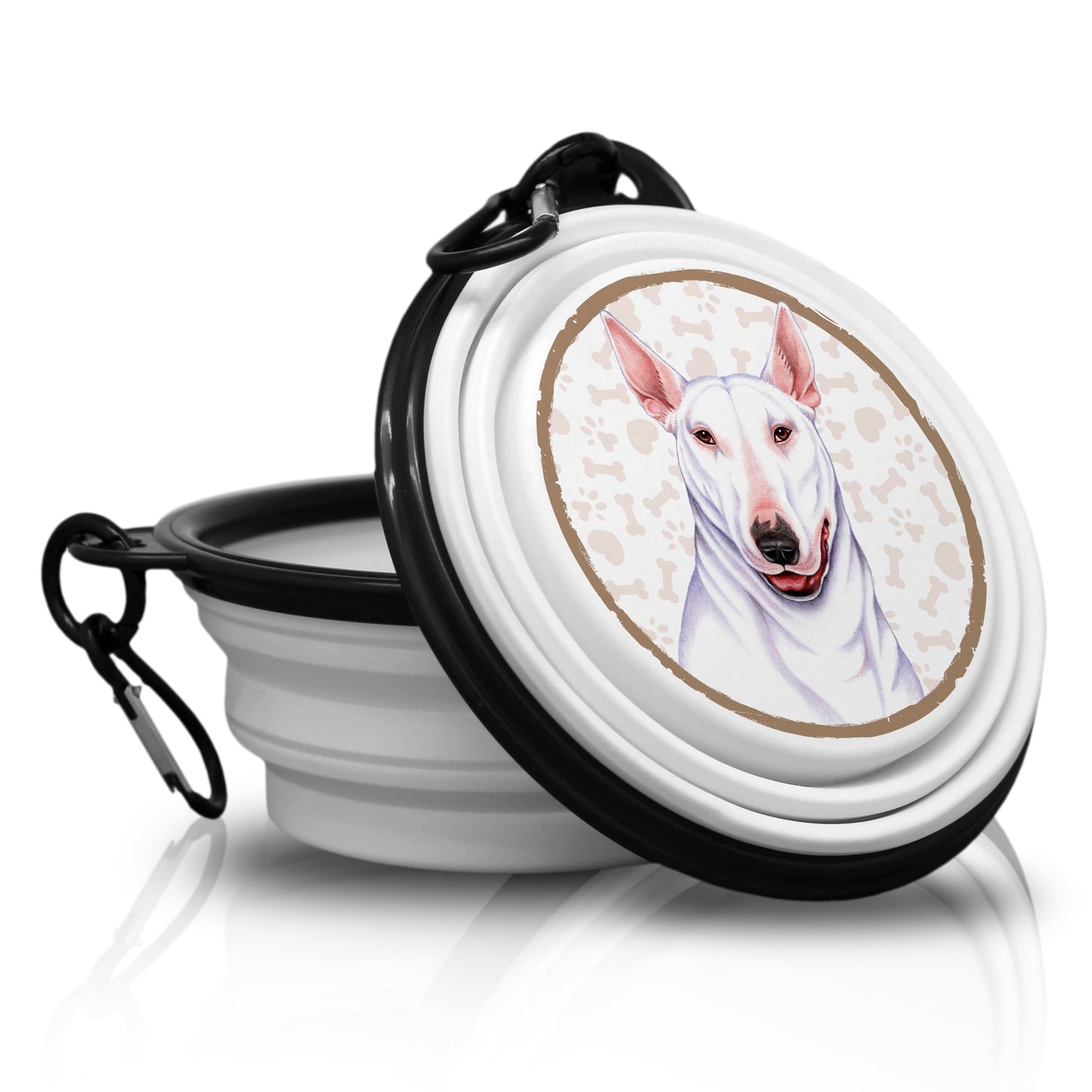 Miniature Bull Terrier saliekama pārnēsājama dzeramā bļoda ar karabīni, barības un ūdens trauks ceļojumiem, kompakta un oriģināla
