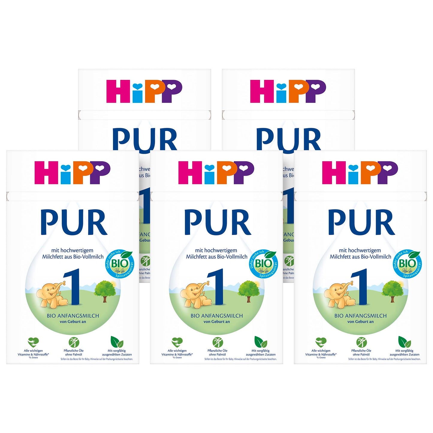 HiPP 1 PUR sākuma maisījums zīdaiņiem, no dzimšanas, 5 x 500g, ar augstvērtīgiem piena taukiem no bioloģiska pilnpiena, bez palmu eļļas, tikai laktoze, ar svarīgiem vitamīniem un uzturvielām, bio kvalitātē