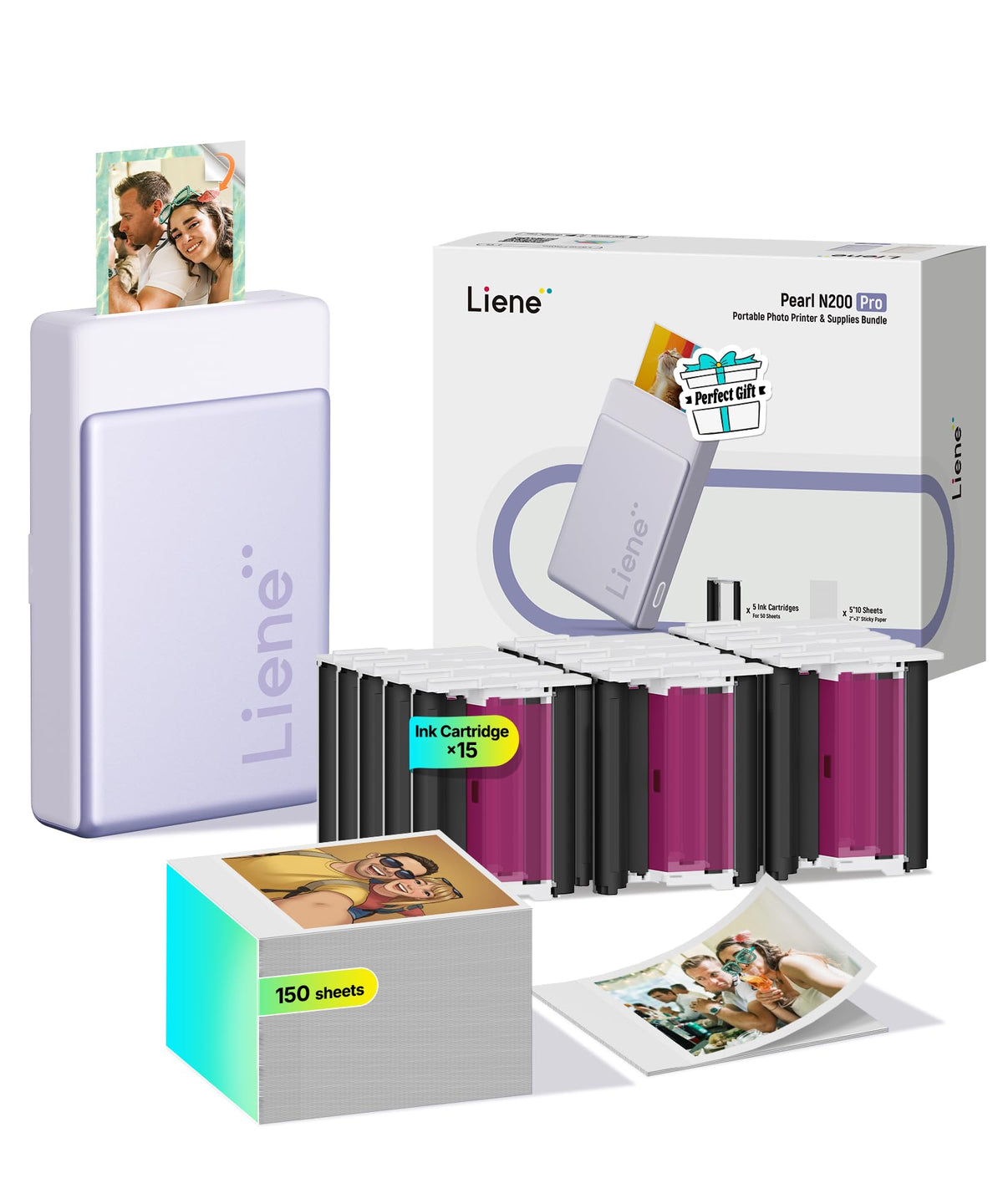 Foto printeris Liene Pearl N200 Pro Max pakete – portatīvs mini foto printeris ar krāsu sublimāciju, ar lielu fotopapīra un krāsu lentas krājumu, Bluetooth, 300 dpi, momentfoto printeris iPhone/Android, akumulators, violets