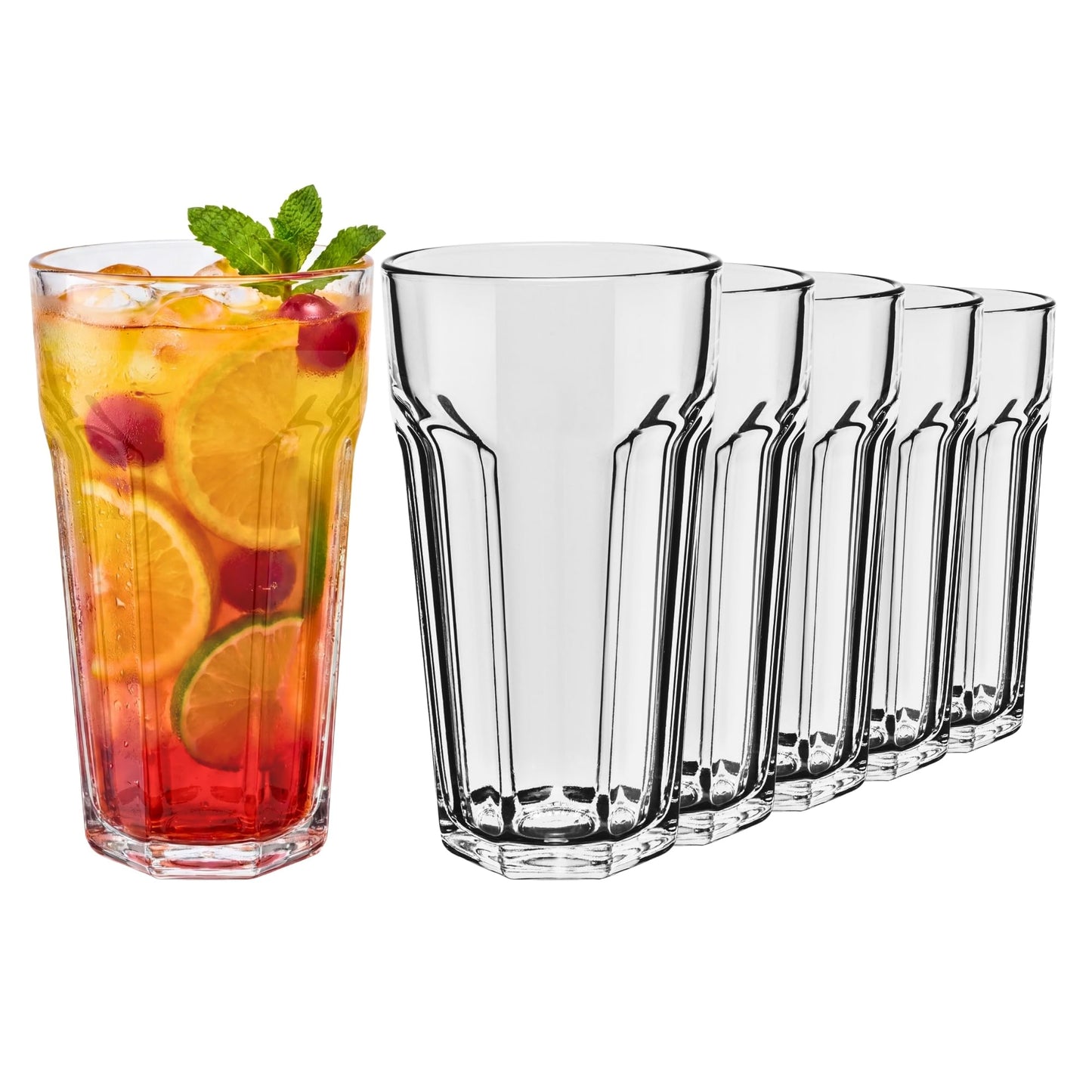 Dzeramās glāzes XXL Glasset, 6 gab., 700ml, amerikāņu rievots dizains, kokteiļu Highball un ūdens glāzes, retro stils, 100% pārstrādājamas, piemērotas trauku mazgājamai mašīnai, caurspīdīgas