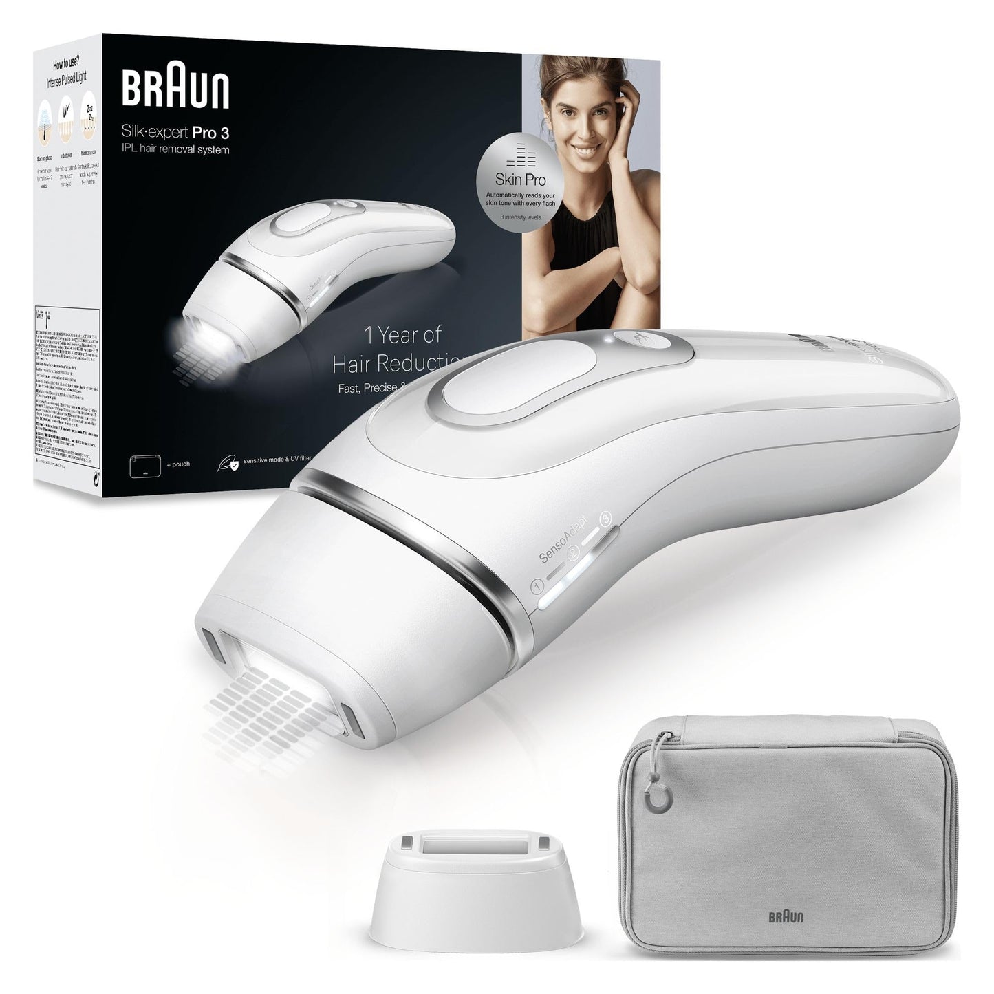 Braun Silk-Expert Pro 3 PL3020 IPL - mājas matu noņemšana, alternatīva lāzeram, 2 galviņas, balts/sudrabs, dāvana sievietēm