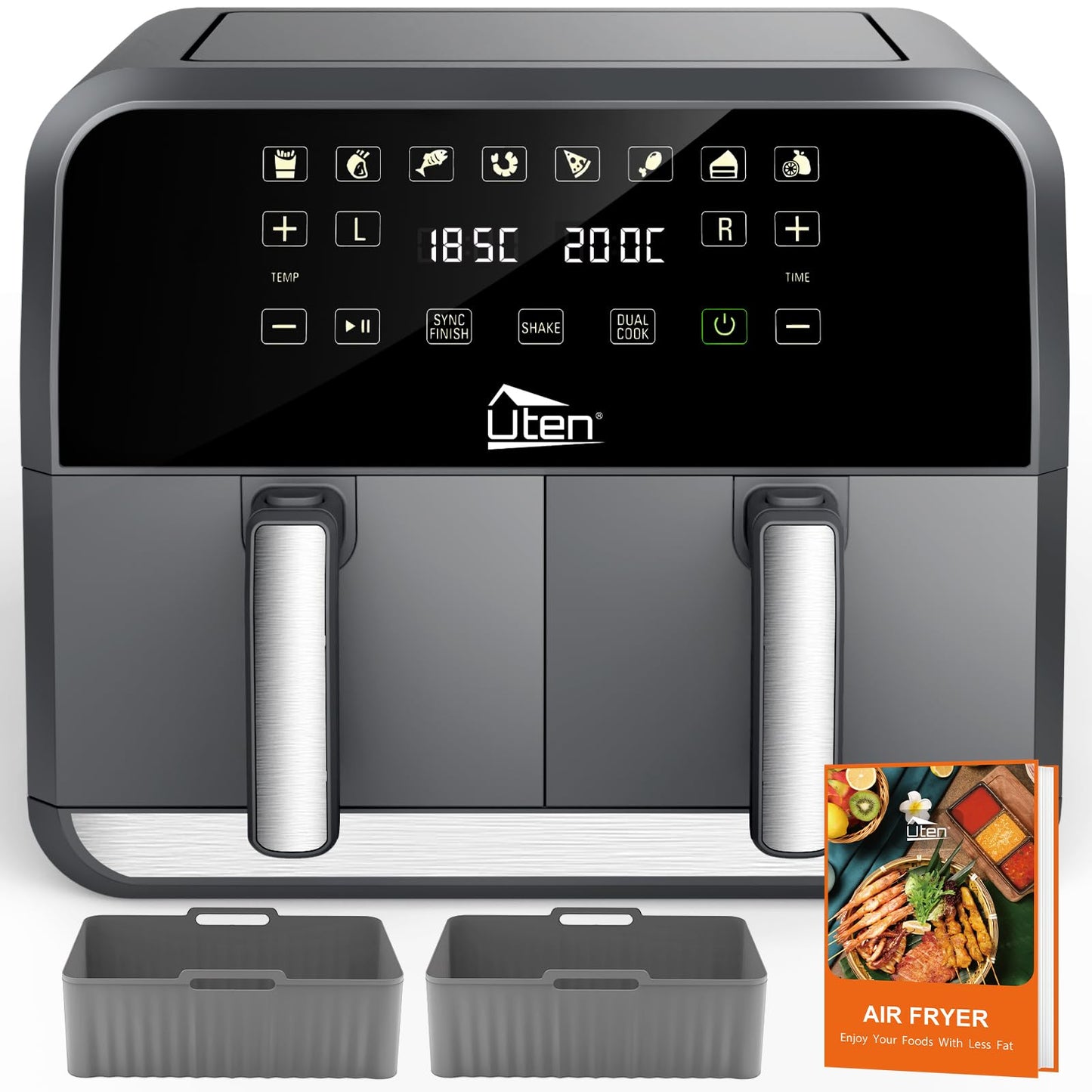 Uten Doppel Heißluftfritteuse, 8L Heißluftfritteuse Dual Zone, XXL Airfryer ar 2 kamerām, silikona paliktņiem, 114 receptēm, digitālais displejs ar SYNC FINISH, Shake-atgādinājums, mazgājams trauku mazgājamajā mašīnā, E1905