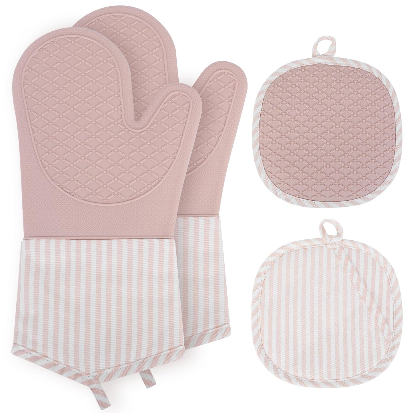 AiQInu cepeškrāsns cimdi un potholders komplekts, silikona cimdi līdz 230°C, 2 cimdi un 2 potholders, karstumizturīgi virtuvei un cepšanai