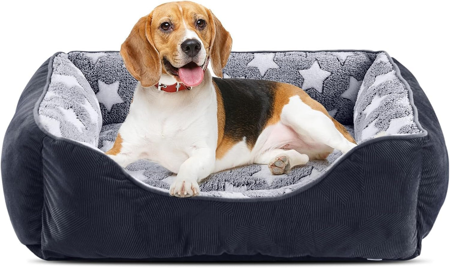 FURTIME suņu gulta vidēja izmēra suņiem, mazgājams suņu grozs, neslīdoša, pūkaina suņu matracis ar paaugstinātām malām, suņu sofa kaķiem, melna/zvaigznes, 63x53x20cm