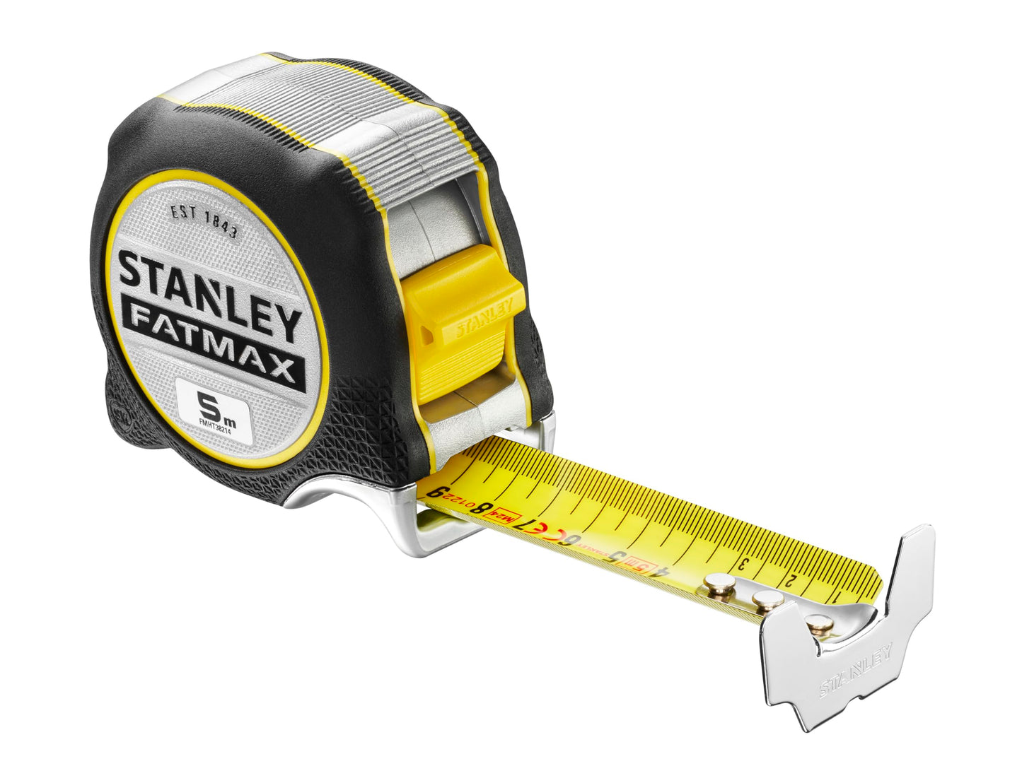 STANLEY FATMAX mērlente XTREME 5m, 32mm, ar integrētu pirkstu bremzi, BLADEAMOR pārklājumu, īpaši lielu āķi, abpusēju skalu, izturīgu Bi-Material korpusu FMHT38214-0