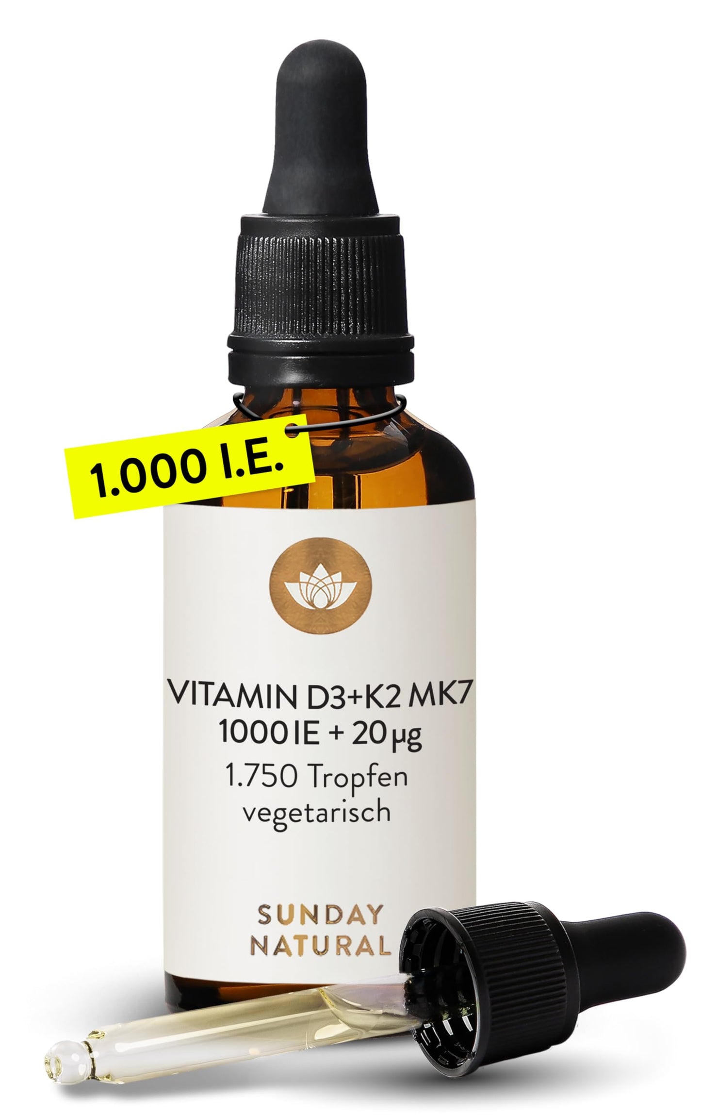 D3 un K2 pilieni SUNDAY NATURAL®, 99,8+% all-trans K2-MK7, augsta biopieejamība, 1750 pilieni