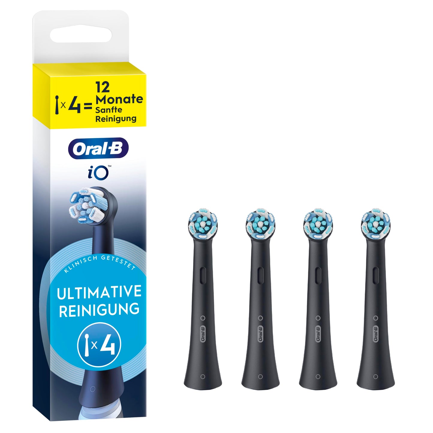Oral-B iO zobu birstes uzgaļi Ultimative Reinigung, oriģinālie, ar “sariņi-sariņos” kūlīti, melni, 4 gab.