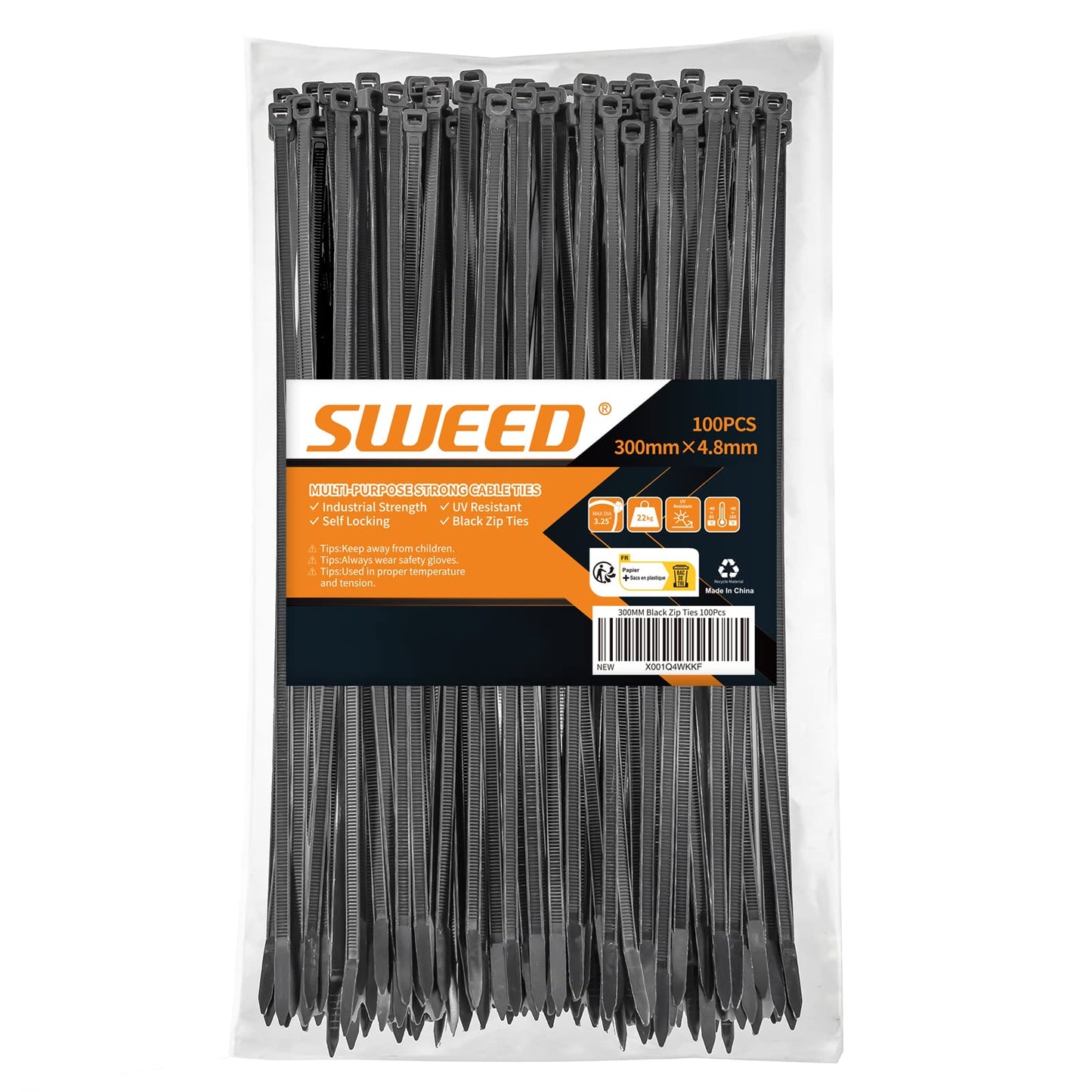 Kabeļu savilcēji melni SWEED 300mm, UV izturīgi, 4.8mm platums, vilces izturība līdz 22kg - 100 gab.
