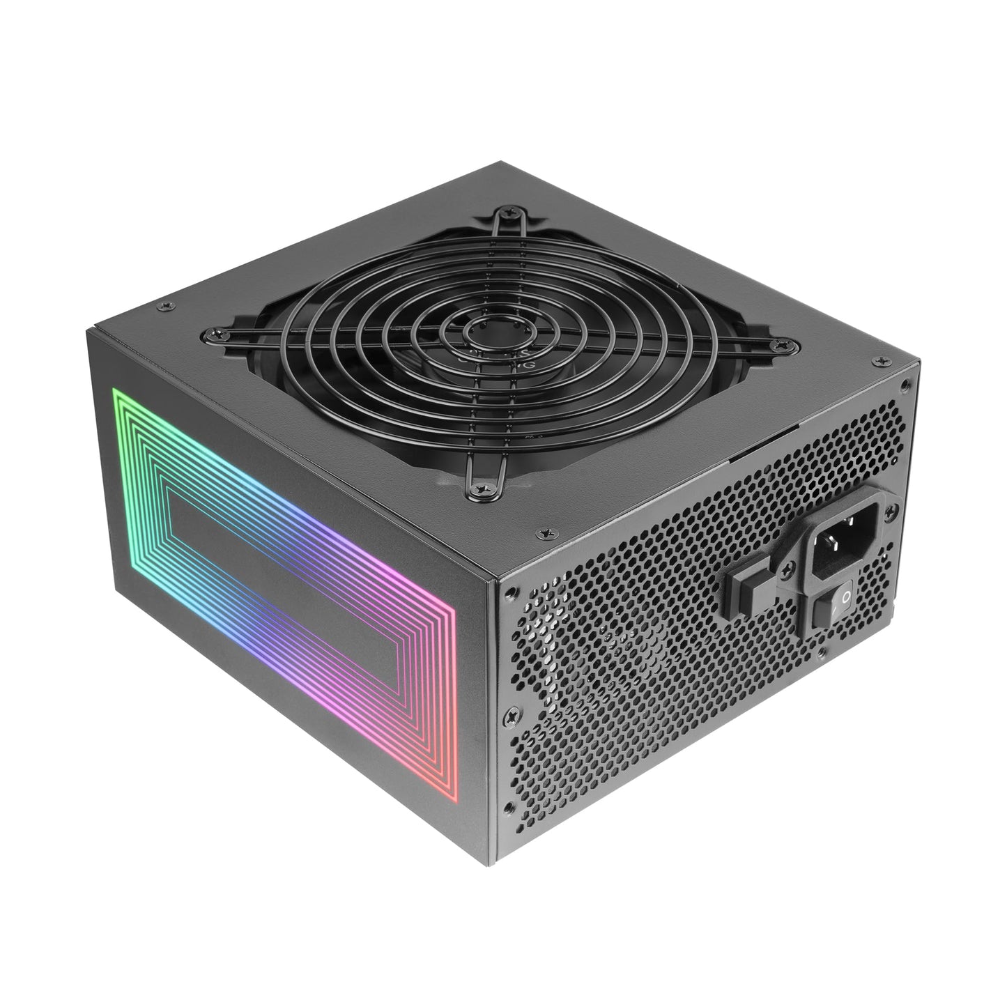 MARSGAMING MPB750S - 750W ATX ARGB power supply, 80Plus Bronze, 90% efficiency, 120mm AI-RPM fan, black design.