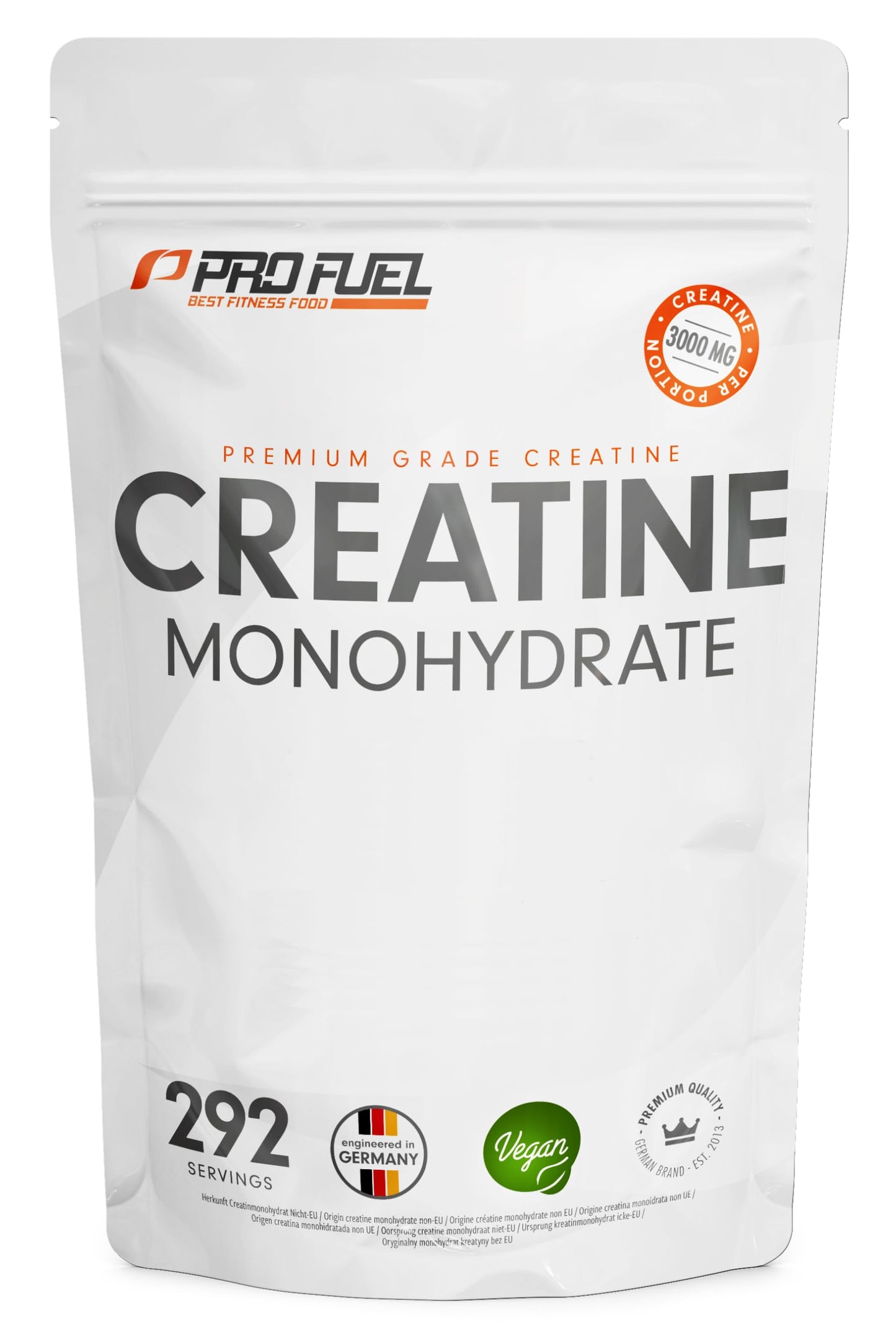 Kreatīns monohidrāts pulveris 1kg / 1000g, tīrs mikronizēts kreatīns, 3000 mg dienā, 100% vegāns, 292 dienu deva