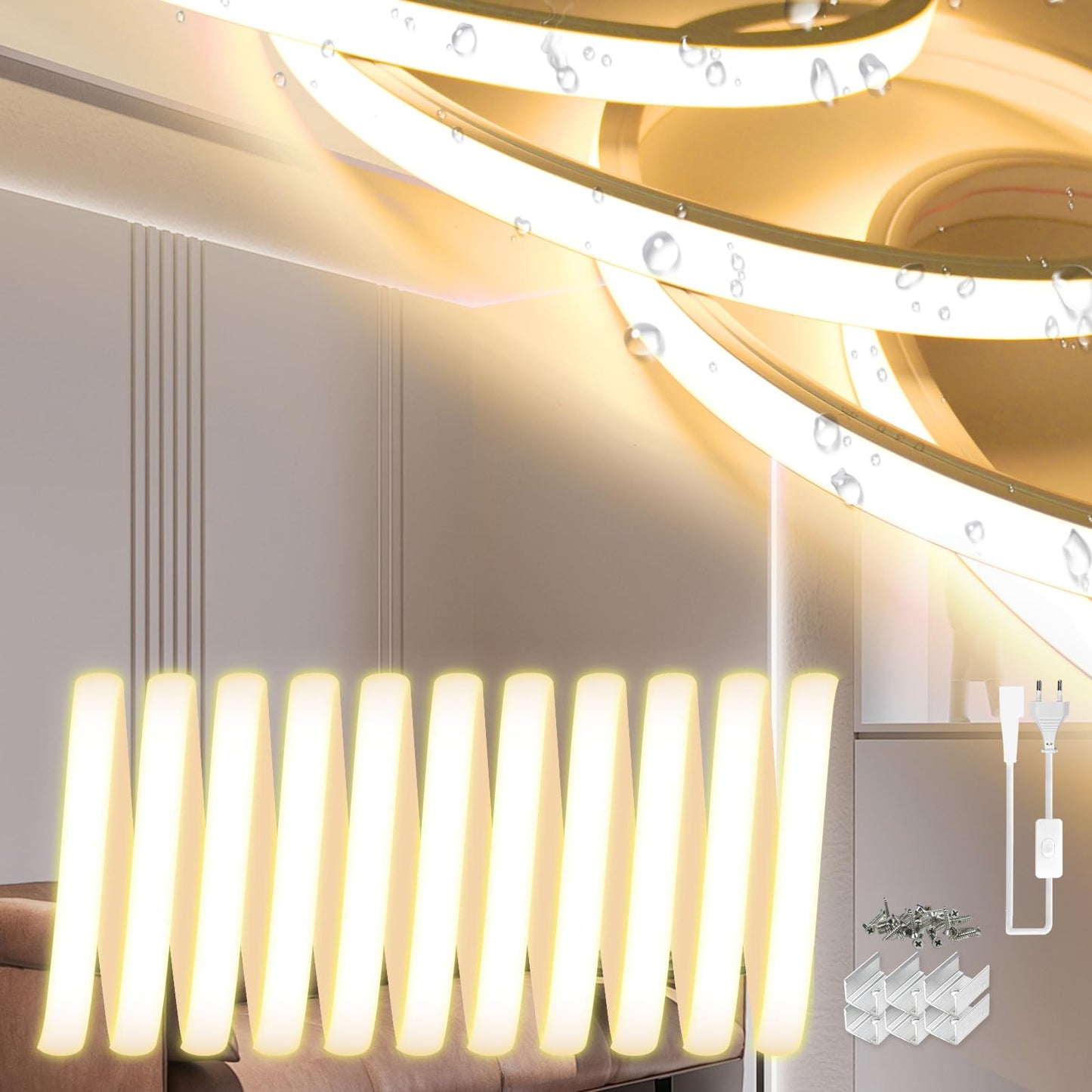 SUCIKORIO neona LED lente 2m, silikona ūdensizturīga ugunsdroša IP65 LED sloksne silti balta 3000K 10mm LED gaismas virtene āra 230V elastīga DIY gaismas lente ārtelpām ar barošanas bloku mājai, ballītei, virtuvei