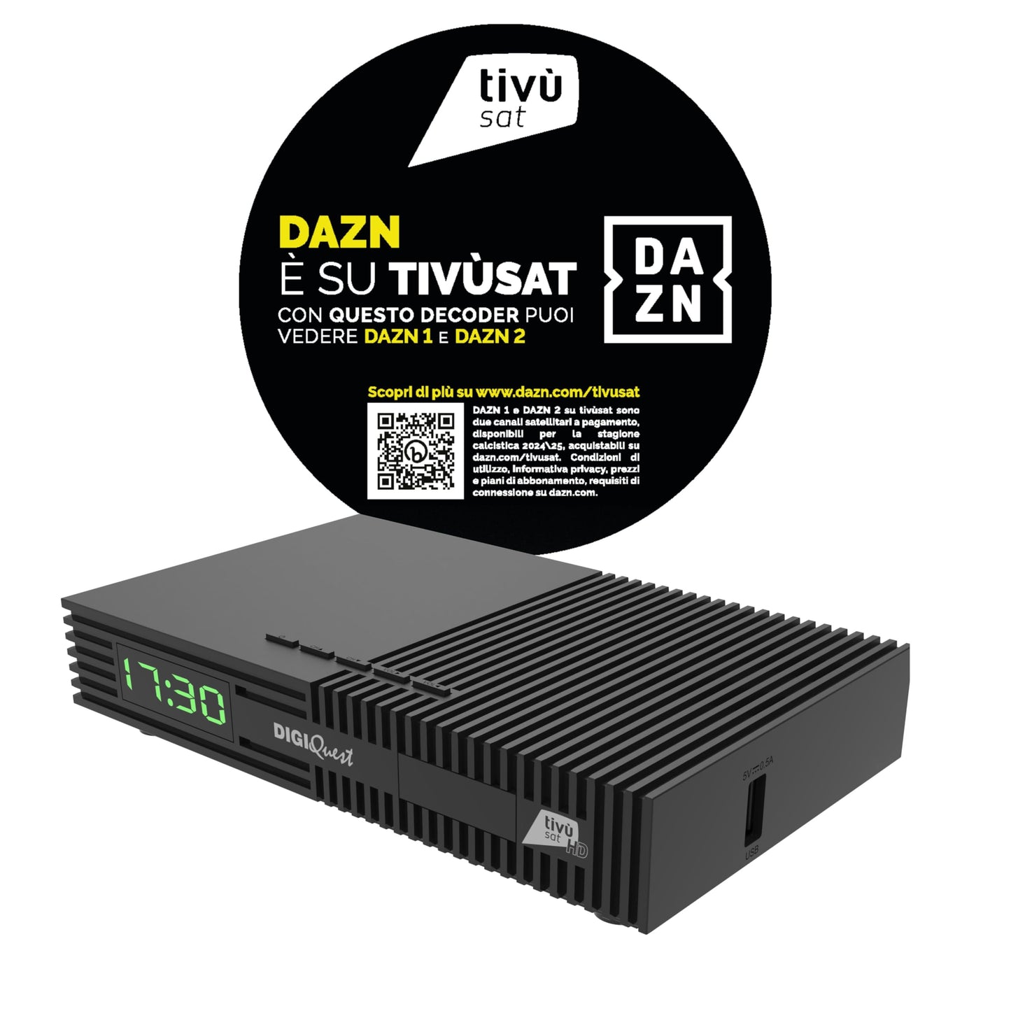 DIGIQUEST Tivùsat Ti9, DVB-S2 dekoders, pašinstalējams, 2-in-1 tālvadības pults, Tivùsat viedkarte iekļauta, HDR, ierakstīšanas funkcija aktivizējama, SOS poga, ierīce kanāliem DAZN 1 un 2