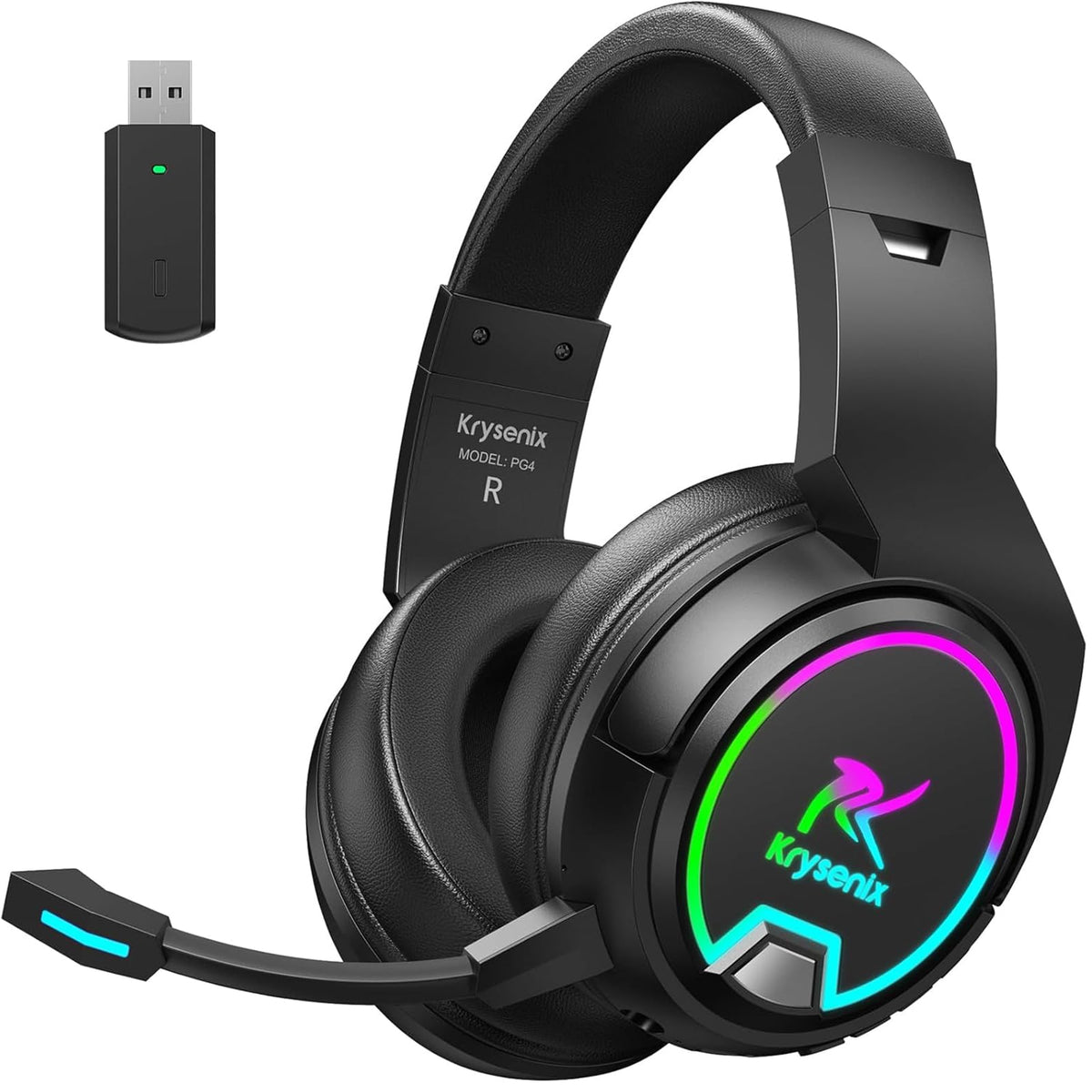Bezvadu spēļu austiņas Krysenix PG4 RGB PS4, PS5, PC, 2.4GHz, 7.1 Surround Sound, Bluetooth, ar noņemamu mikrofonu, 48 stundu akumulators, priekš Laptop un Mac, melnas