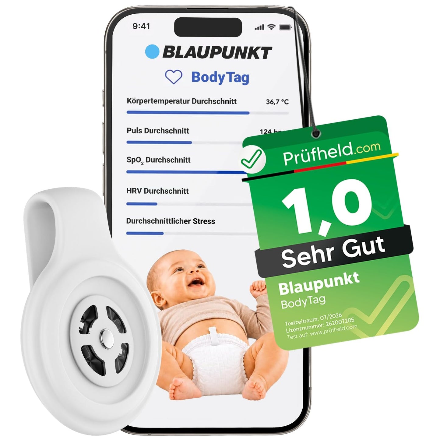 Zīdaiņu monitors BLAUPUNKT BodyTag, viedais bērnu monitors ar drudža termometru, bez kameras, alternatīva babyphone ar WLAN kameru