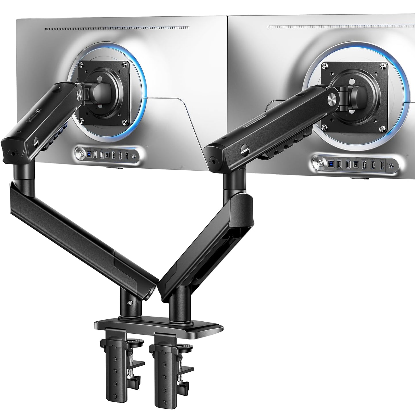 HUANUO dubultais monitora turētājs 2 monitoriem 13-32 Zoll, MechaSpring ekrāna turētājs līdz 9 kg, FlowLift Pro monitoru roka (slīpums/pagrieziens/rotācija), montāža bez instrumentiem, VESA 75/100 mm, gaming un birojam