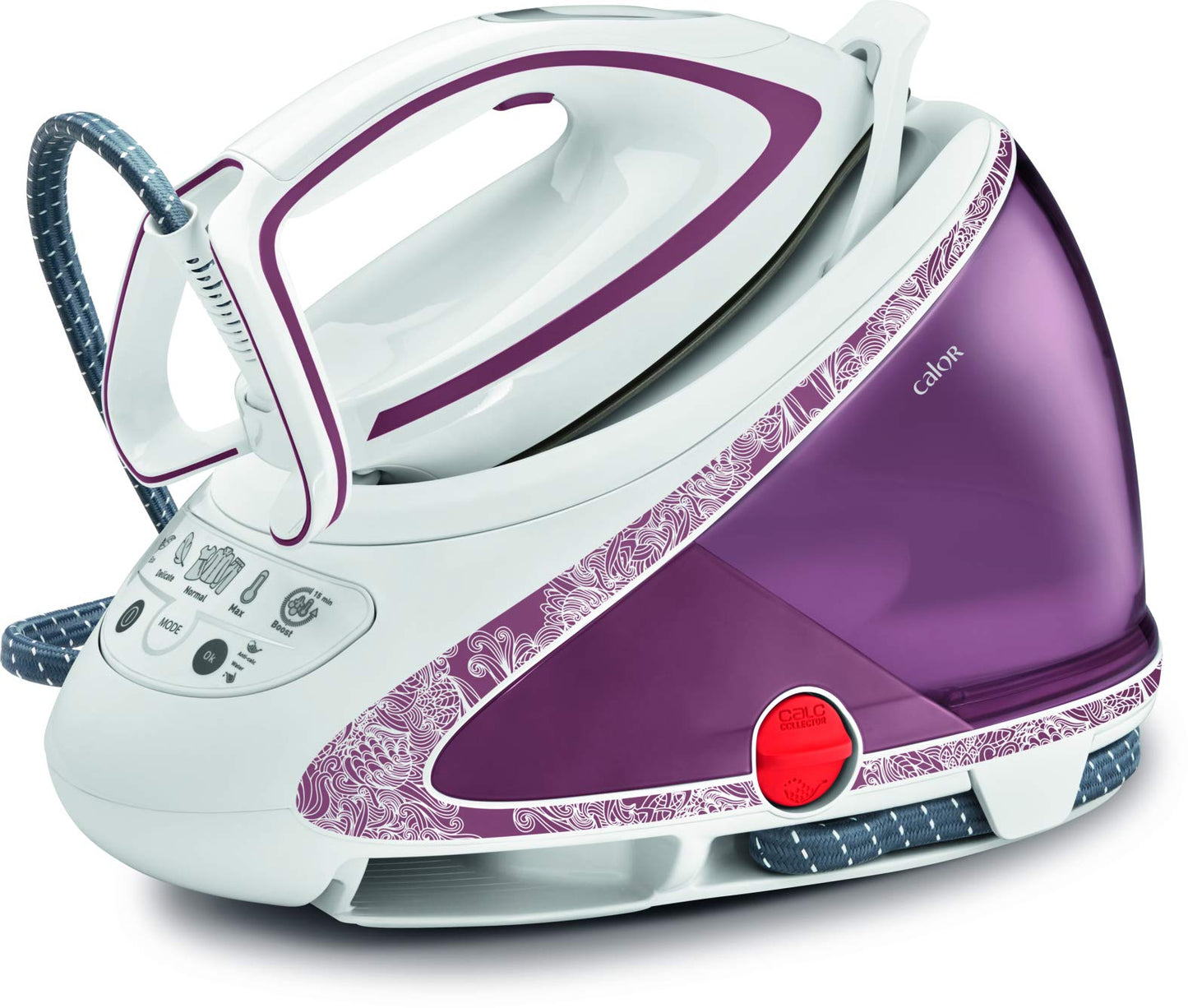 Calor GV9560C0 Pro Express Ultimate - augstspiediena tvaika gludināšanas stacija, balta un violeta, plastmasas korpuss.