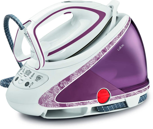 Calor GV9560C0 Pro Express Ultimate - augstspiediena tvaika gludināšanas stacija, balta un violeta, plastmasas korpuss.
