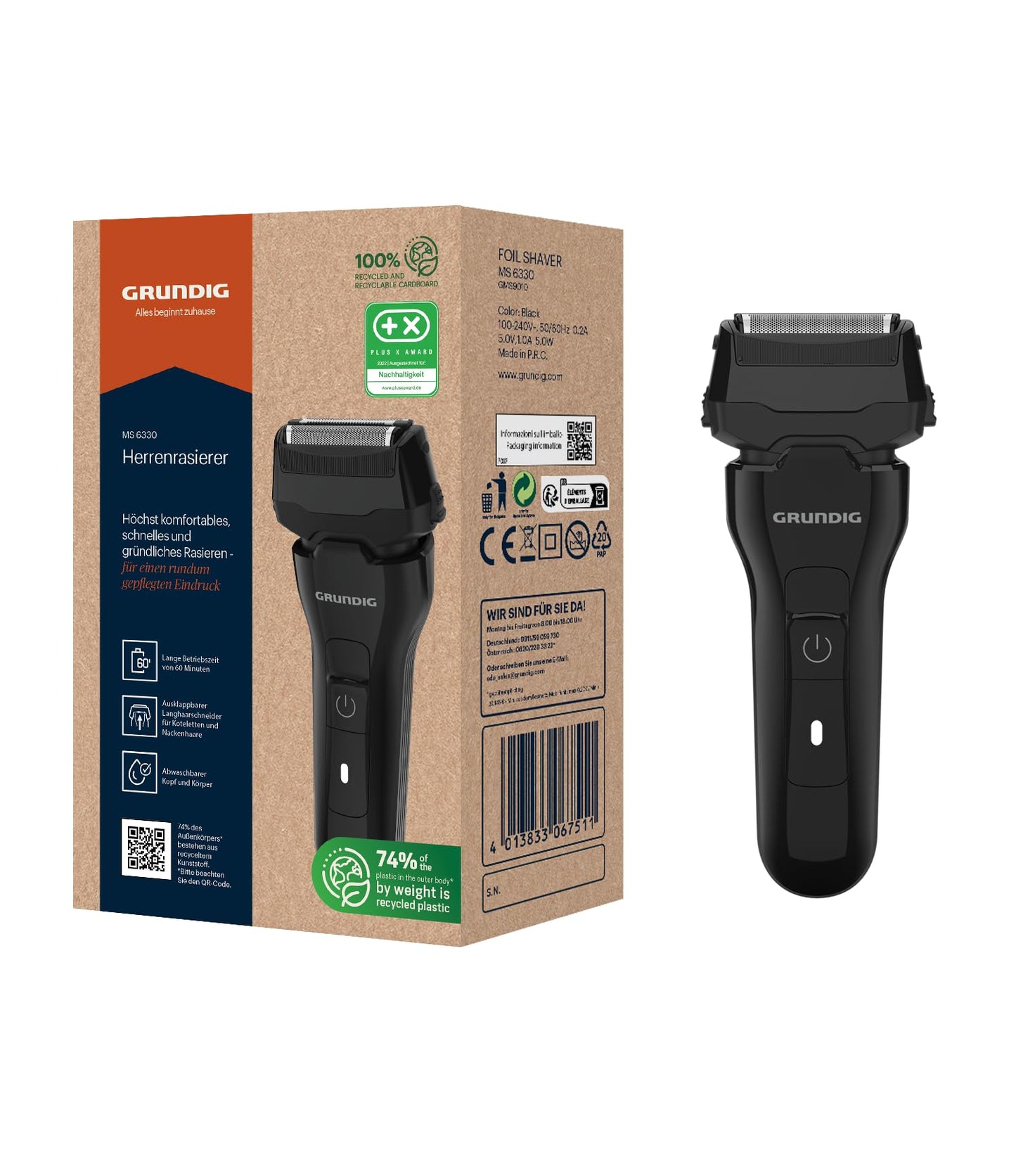 GRUNDIG MS 6330 vīriešu skuveklis, 60 min darba laiks, izvelkams garo matiņu griezējs, 3-kārtu griešanas sistēma, korpuss no 74% pārstrādātas plastmasas, globāla lietošana, melns