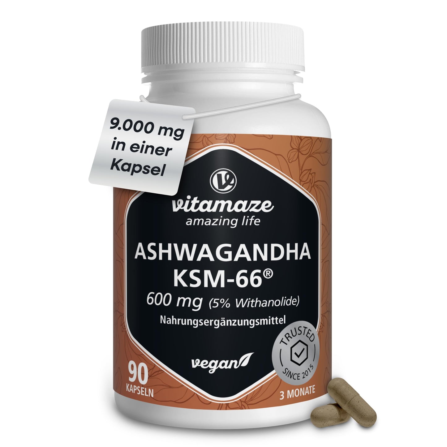 Ašvagandas KSM-66 ekstrakts 9000 mg (15:1) Vitamaze - 3 mēnešiem, 90 kapsulas, 1 kapsula dienā, saknes ekstrakts ar 5% withanolīdu, vegānisks, bez piedevām