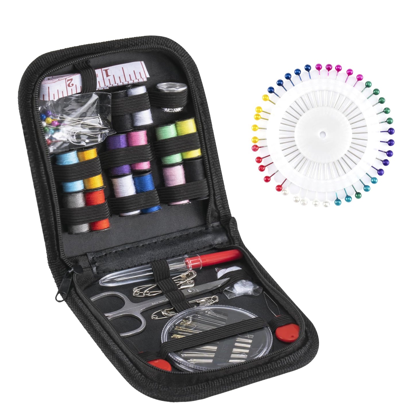 Nūju komplekts 108 gab. šūšanas piederumi, 14 spolītes diega, pilns mini šūšanas komplekts iesācējiem, ceļotājiem, radiem un draugiem, melns (B-108 Pieces)