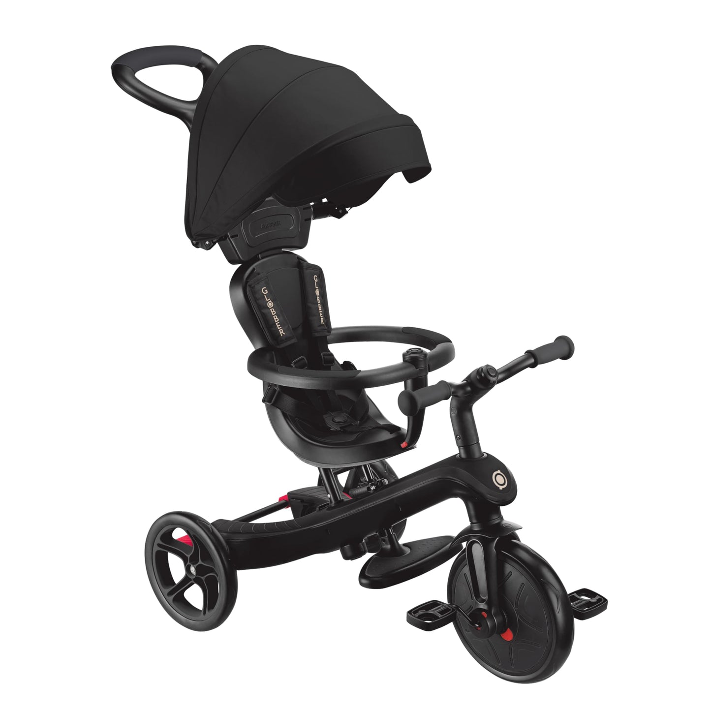 Trīsritenis bērniem GLOBBER Explorer Trike 4in1 Pro, melns – trīsritenis, līdzsvara ritenis un bērnu ratiņi, 10/8,5 Zoll, TPR sēdeklis, regulējams augstums