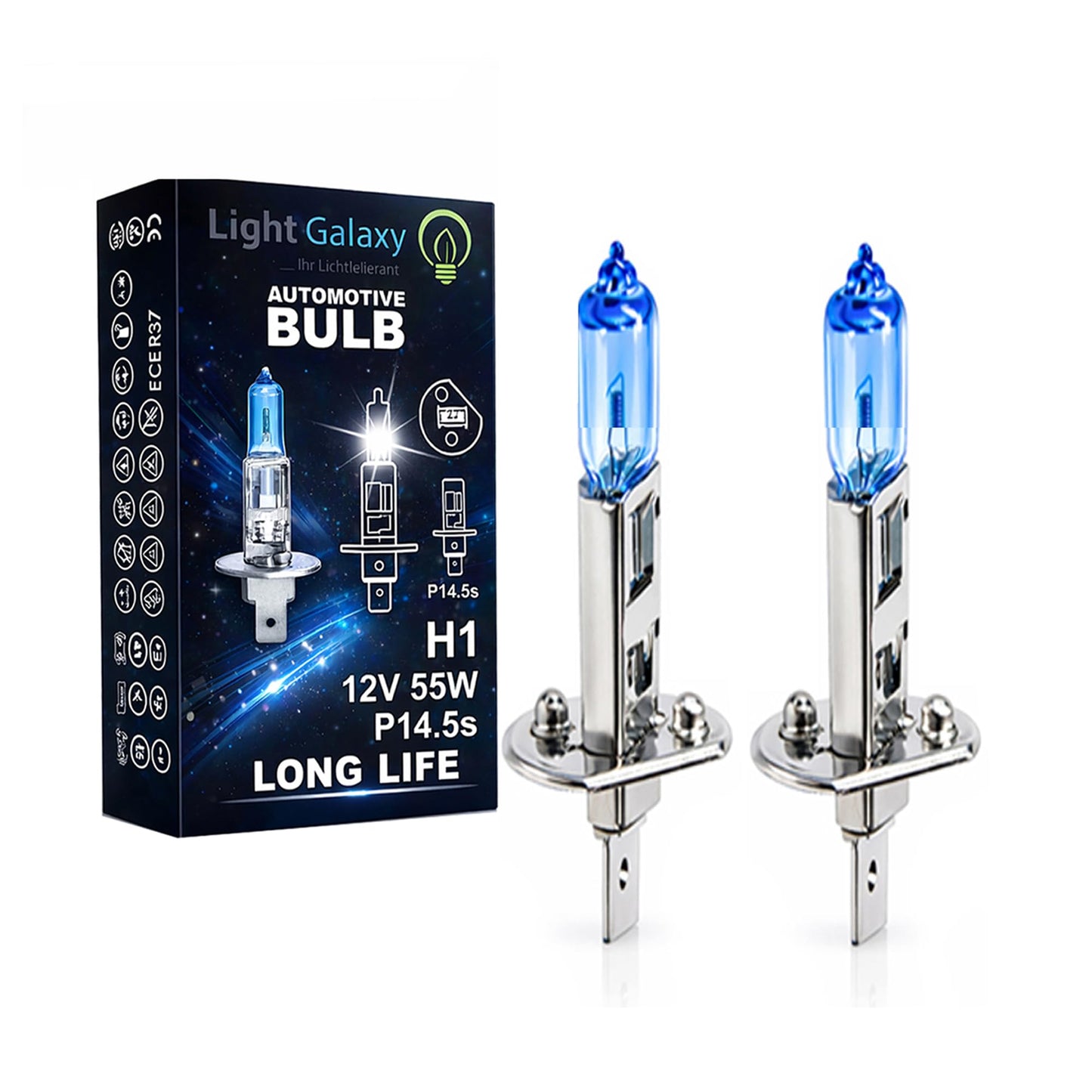 H1 halogēna spuldzes Light Galaxy, 2x H1 Super-White 12V 55W, P14.5s, balta gaisma, tuvās un tālās gaismas lukturiem