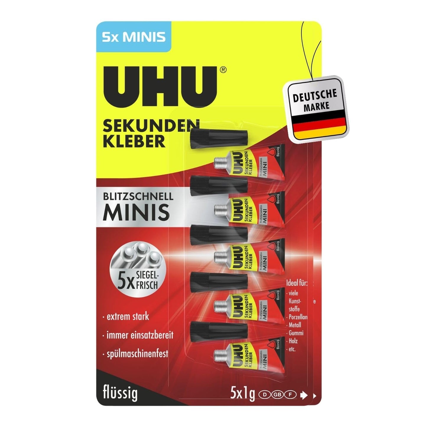 UHU sekundklējs extra strong | 5x1g līmes tūbiņas precīzai līmēšanai | šķidrs sekundklējs plastmasai, metālam, kokam, keramikai, porcelānam | superlīme un plastmasas līme