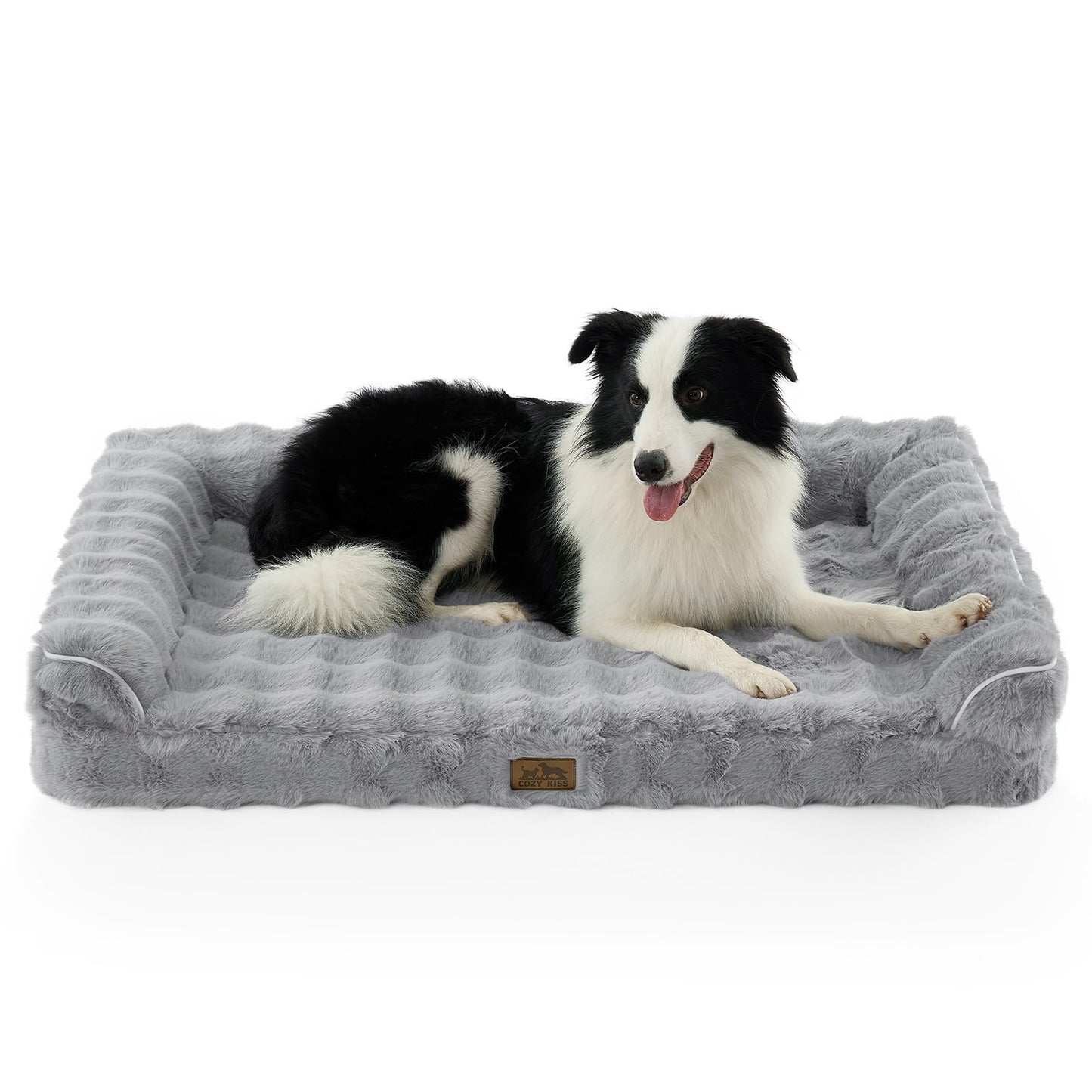 Ortopēdiska suņu gulta COZY KISS ergonomisks suņu dīvāns 106x17x76 cm lieliem suņiem, ar olu kastes putām, mazgājama, neslīdoša, pelēka