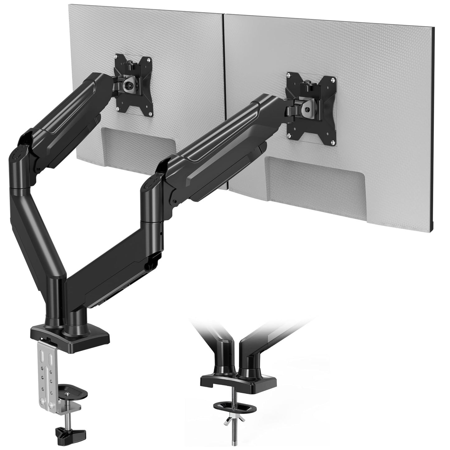 Monitora turētājs BONTEC 2 monitoriem, ekrāna turētājs 2 monitoriem 13-32 collu, gāzes atsperes sviras, 360° grozāms un noliekams, kabeļu vadība, 2 montāžas varianti, VESA 75/100, 3-9 kg
