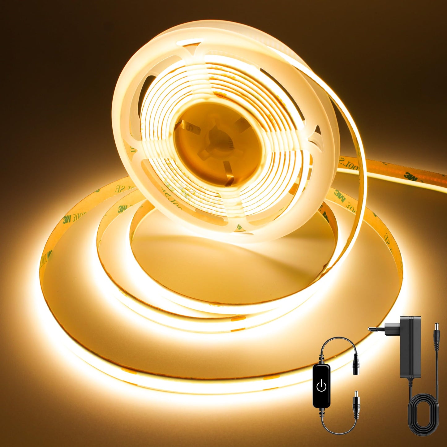 COB LED lente 3m FUIQI, silti balta 2700K, 24V ar adapteri, ar skārienvadības aptumšošanu, 320LED/M, CRI>90, 8mm plata