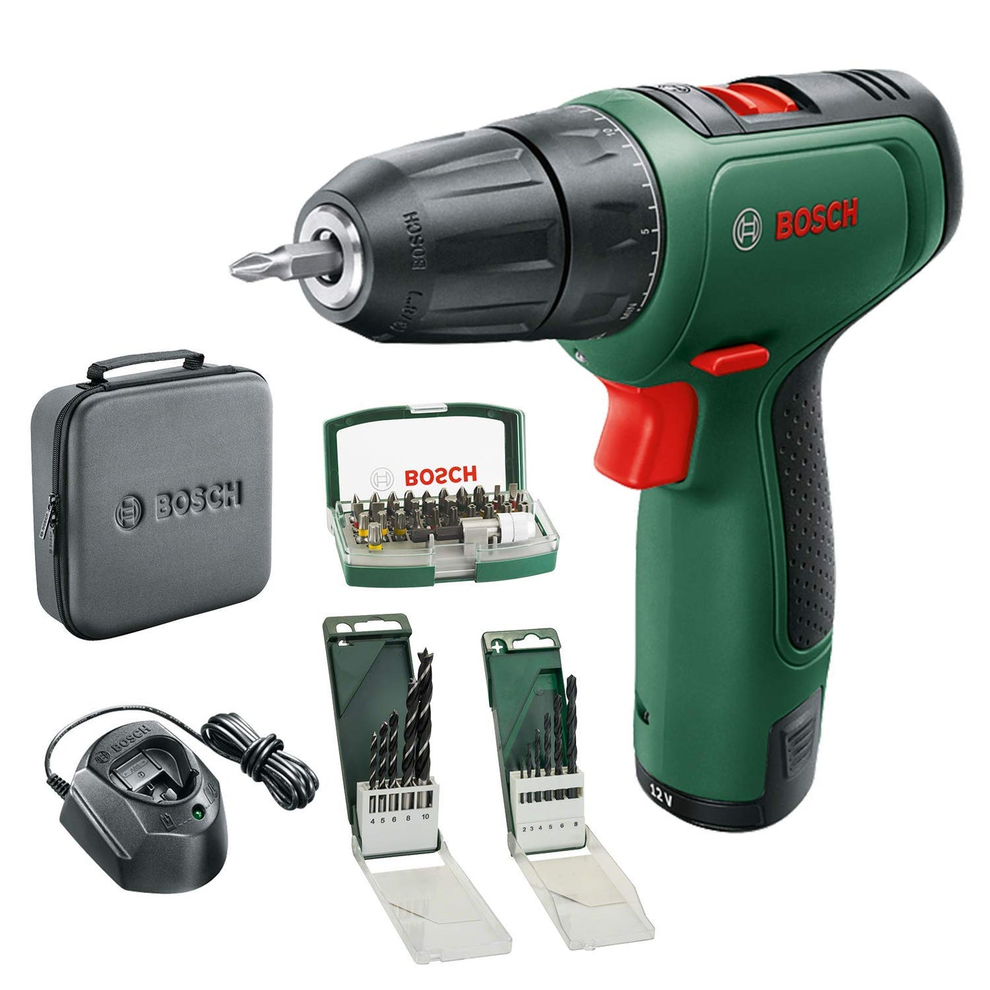 Bosch EasyDrill 1200 - 12V cordless drill with 2.0Ah battery, includes drilling and screwdriver sets, soft case included.