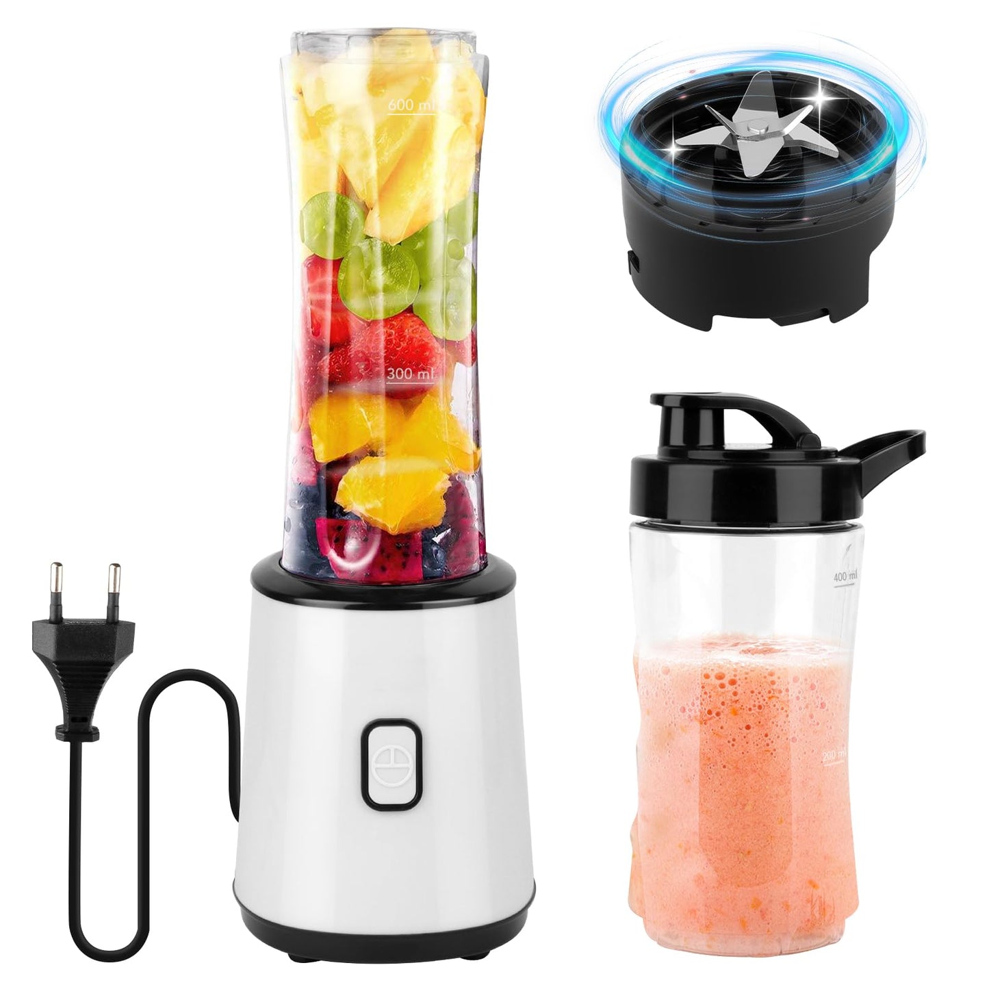 Mini blenderis smoothie maker, blenderis ar statīvu, smūtiju blenderis to go, blenderis, BPA-free, 23000RPM, dubultā trauka dizains (600ml + 400ml) ceļojuma un sporta pudeles, 300W, elektriskais blenderis