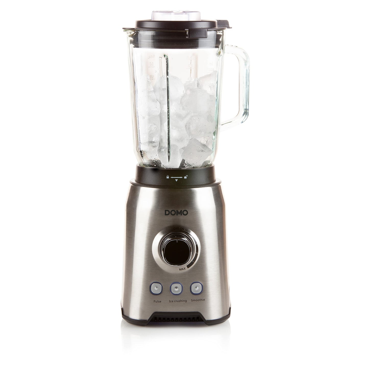 Domo DO710BL - 1000W blender with 1.5L capacity, sleek silver and black design, perfect for smoothies and soups.