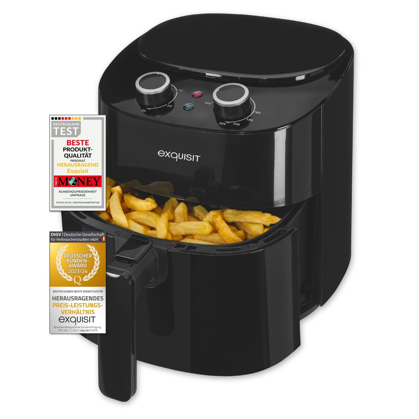 Exquisit karstā gaisa fritieris FR6502 - 3,5 litri, 1300 W, taimeris, melns, veselīgai cepšanai bez eļļas.