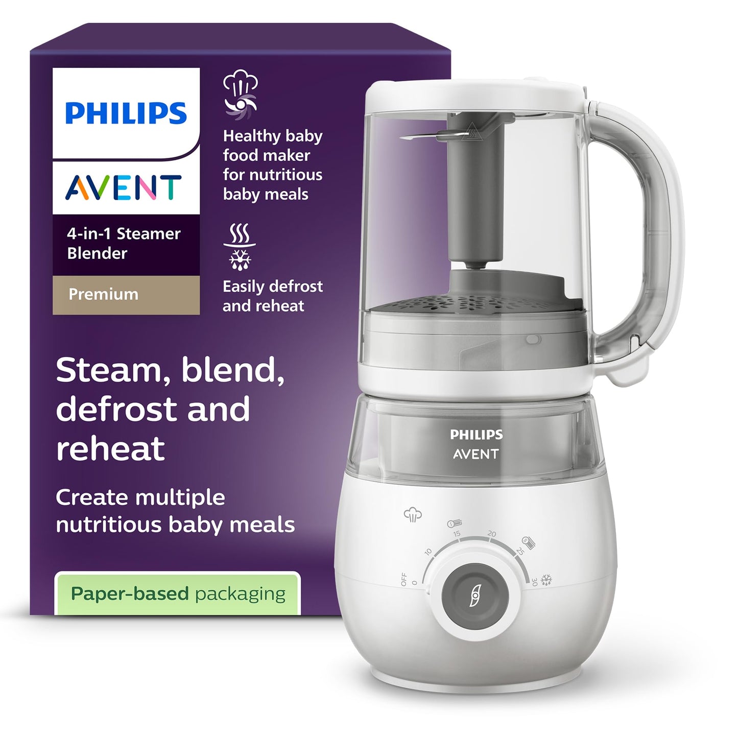 AVENT 4-in-1 tvaicētājs ar blenderi Premium, bērnu pārtikas pagatavotājs, tvaicēšana, blendēšana, atkausēšana, uzsildīšana, mazgājams trauku mazgājamajā mašīnā, modelis SCF883/01