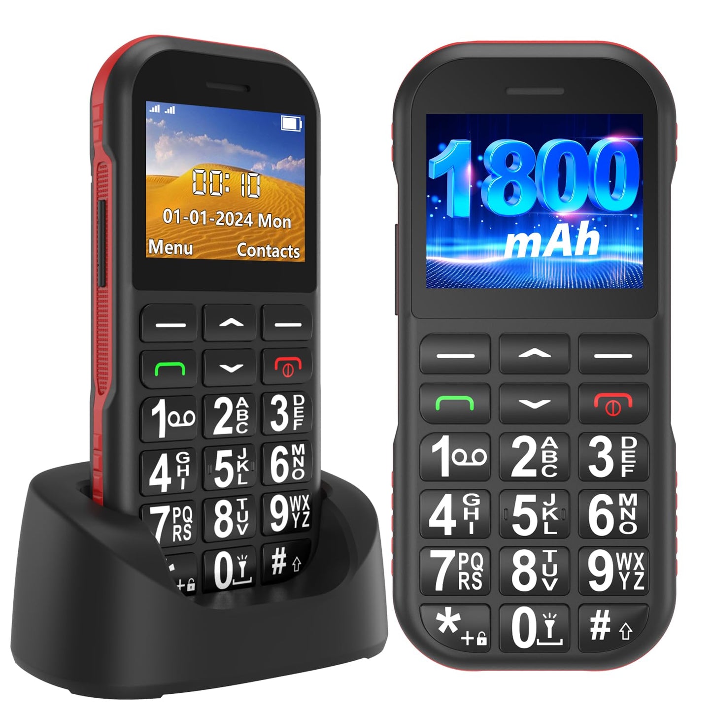 Senioru tālrunis bez līguma, GSM Dual SIM taustiņu telefons senioriem ar lieliem taustiņiem, 1800 mAh akumulators, ilgs gaidstāves laiks, USB-C, lādēšanas stacija, vienkāršs seniors tālrunis ar SOS pogu, melns