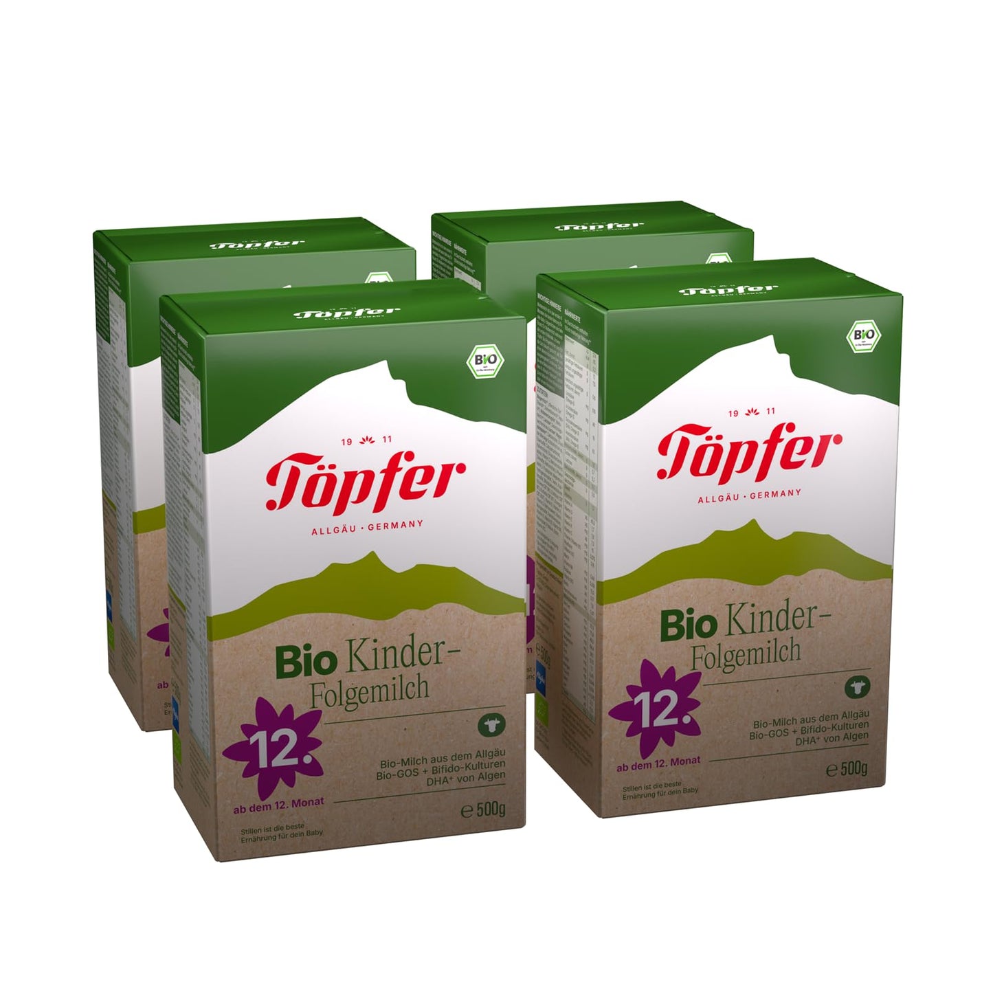 Bio bērnu piena maisījums Töpfer 4, no 12. mēneša, ar Bio-GOS, 4 bifidokultūrām, ARA un DHA no aļģu eļļas, no Allgäu bio piena, 4x500 g