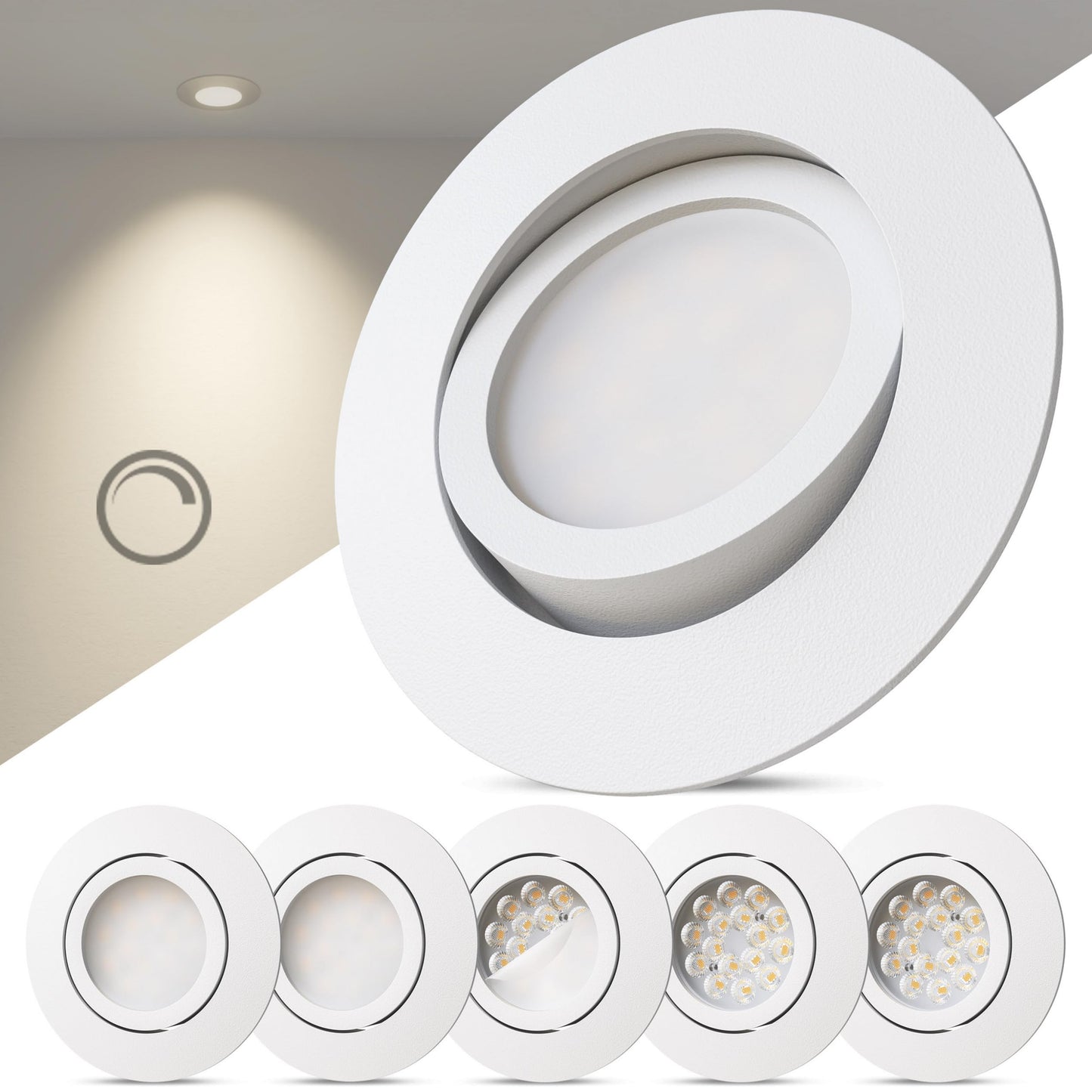 Scandinavian home LED iebūvējamie prožektori 6er Set 230V, regulējami, silti balti 3000K, 470 lm, CRI 90+, 68mm cauruma izmērs, IP44 vannas istabai, balti matēti griestu spoti