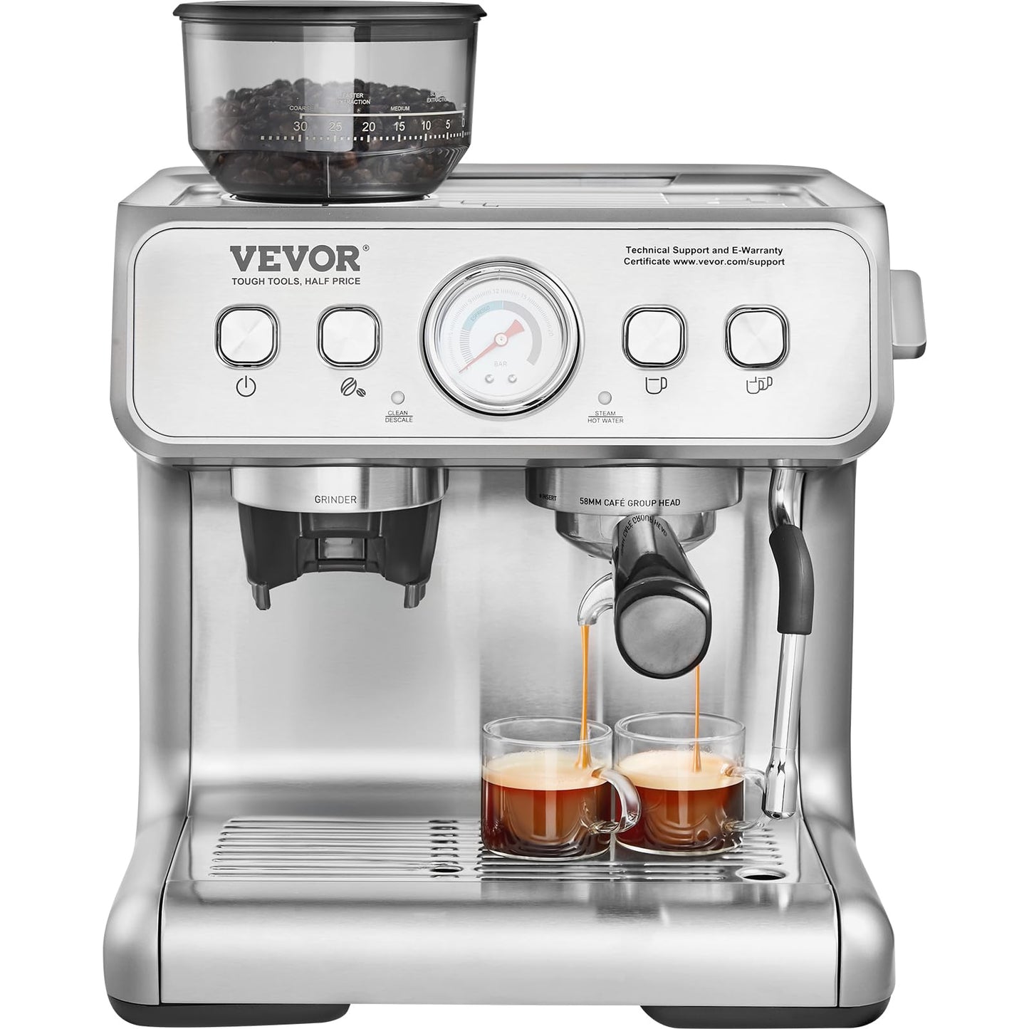 VEVOR espresso automāts - 15 bāru, pusautomātisks, ar dzirnaviņām, piena putotāju un noņemamu ūdens tvertni.