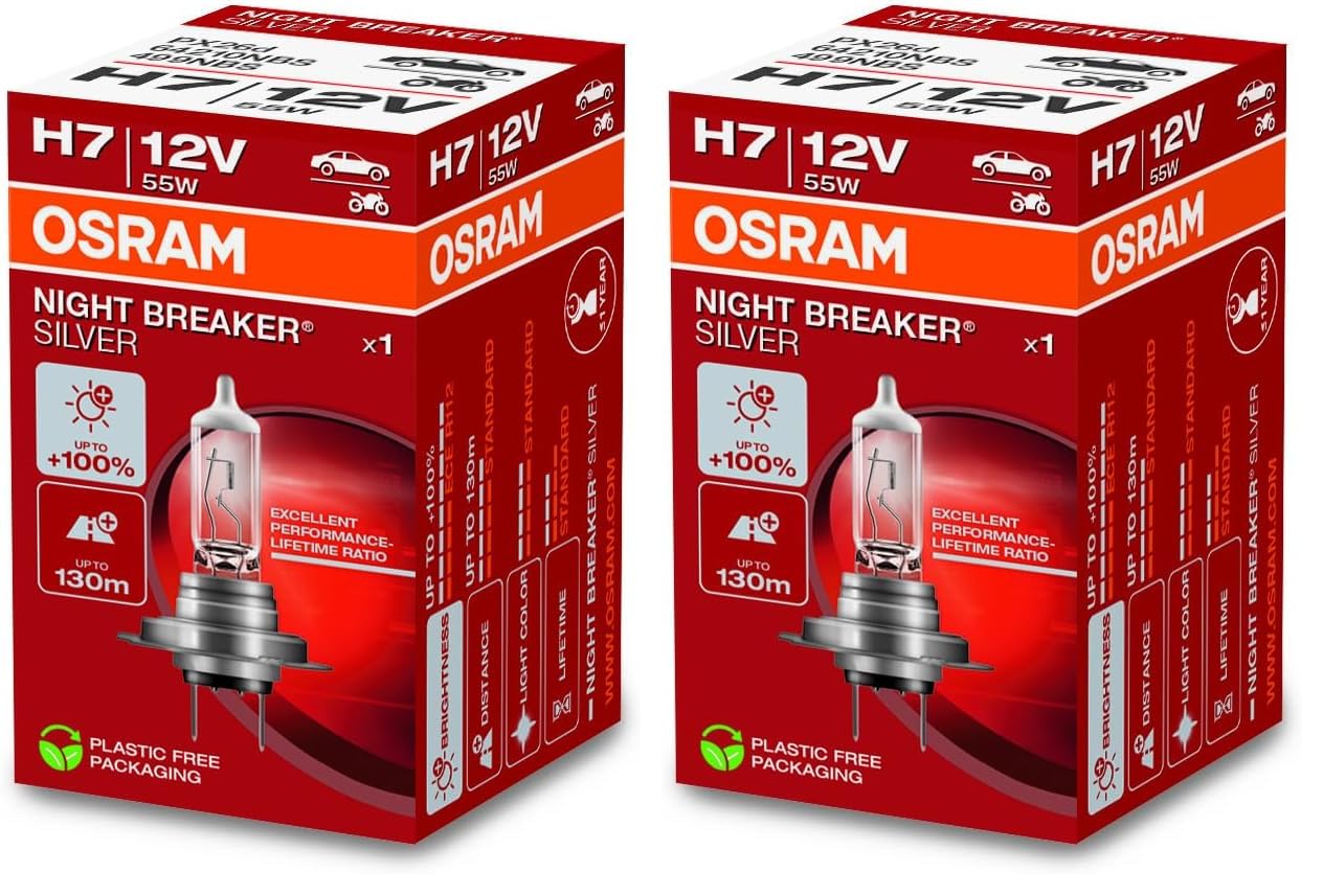 Halogēna spuldze Osram Night Breaker Silver H7, +100% spilgtums, 12V auto priekšējais lukturis, 64210NBS, 1 spuldze (2 gab. iepakojumā)