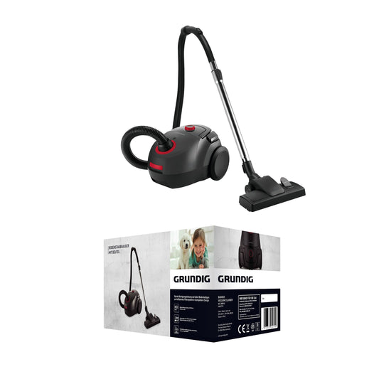 Grundig VCC 3850 A - 800W bagged vacuum cleaner, 2.1L capacity, black and red design.
