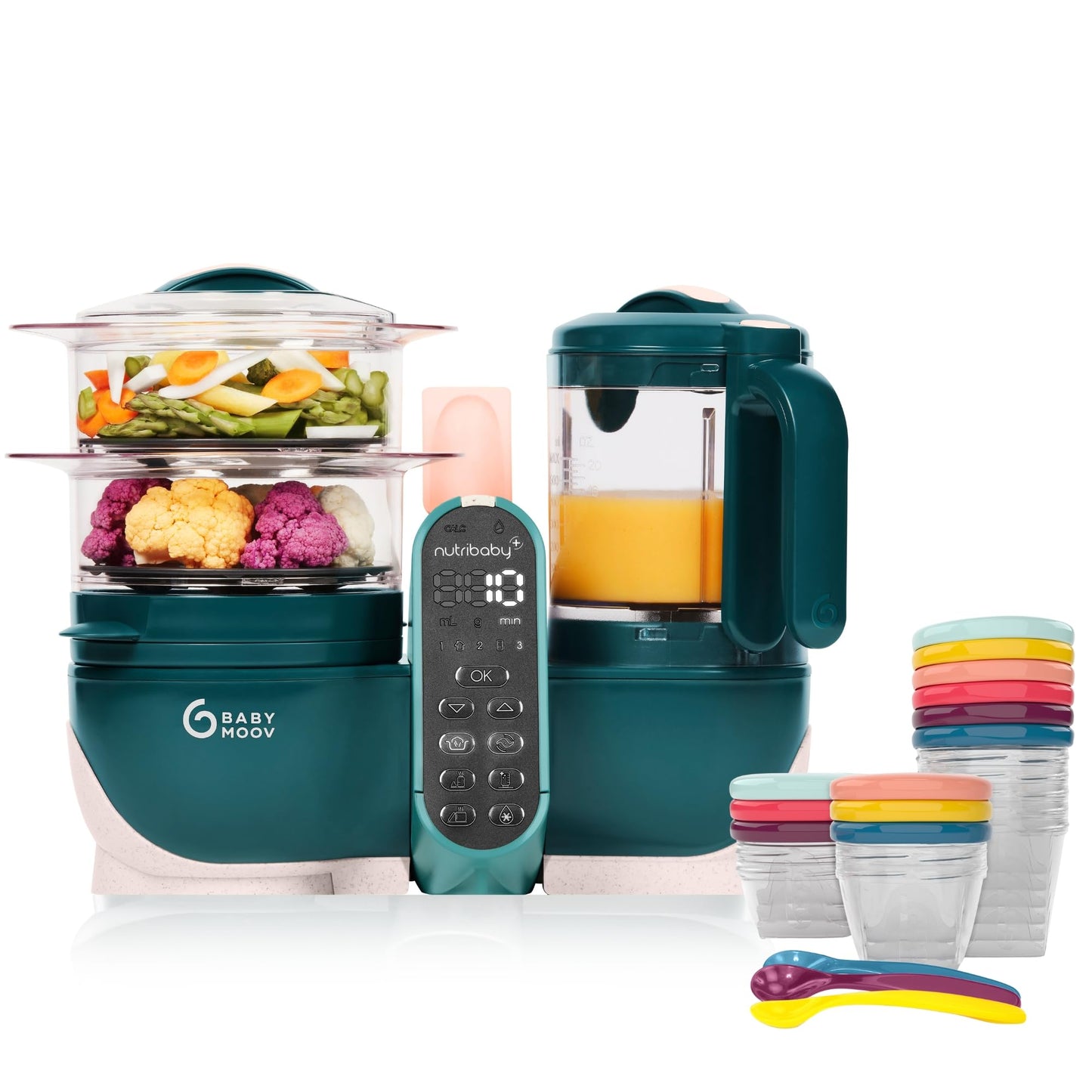 Kūku pagatavotājs Babymoov Set Nutribaby Plus Opal Green 2200ml ar Babybols uzglabāšanas traukiem, 15 daļas