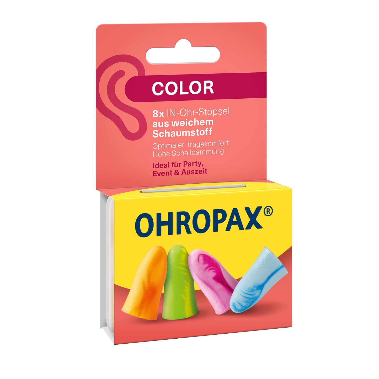 OHROPAX Color ausu aizbāžņi, mīksta putu materiāla ieliekamie ausu aizbāžņi, īpaši ērti arī ilgstošai valkāšanai, SNR 35 dB, ideāli ballītēm, pasākumiem un atpūtai, 8 gab.