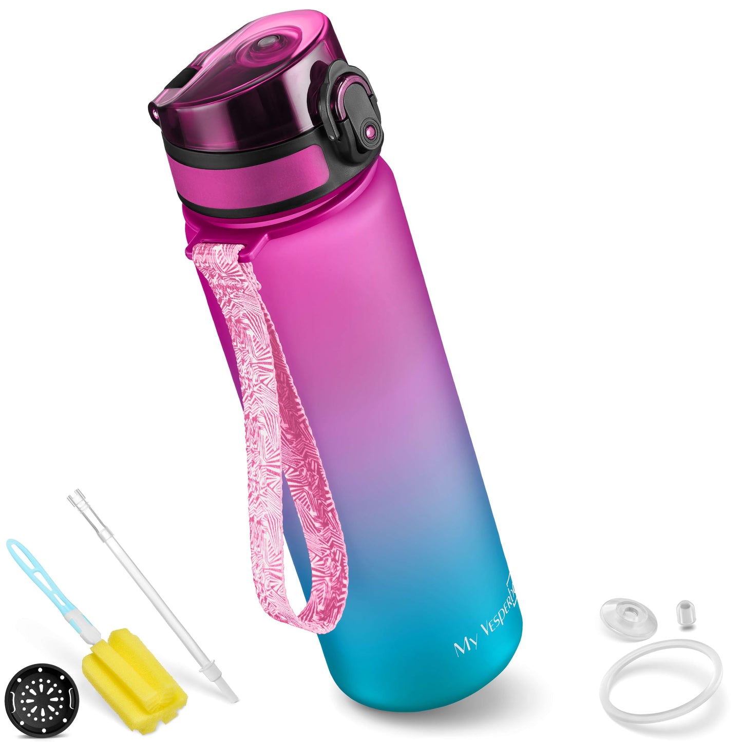 Bērnu dzeramā pudele My Vesperbox Minny, 500ml, hermētiska, ar salmiņu vai sietiņu, viegla Tritan ūdens pudele, BPA free, bērnudārzam un skolai, violeta-zila