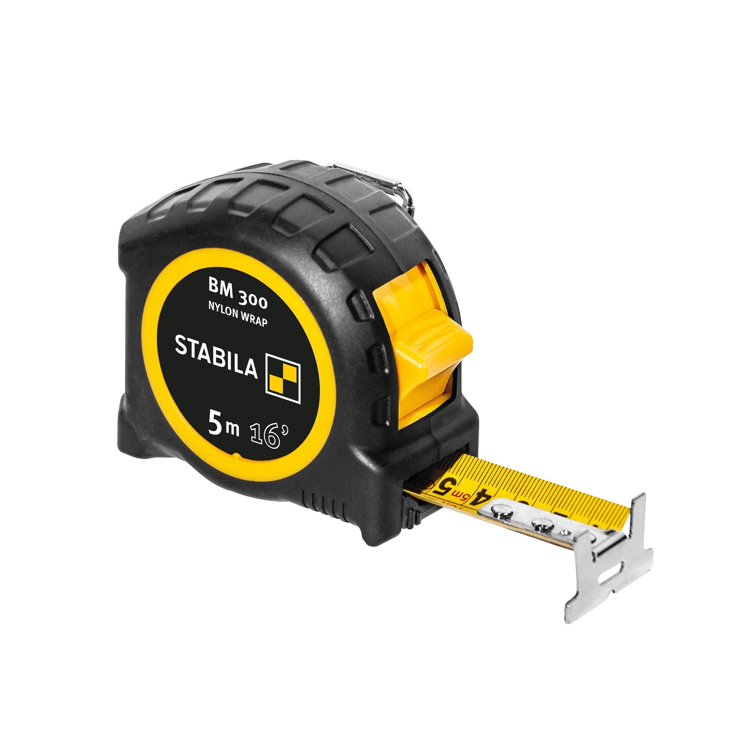 Mērlente STABILA BM 300, 5 m (16'), ar cm/inch skalu abās pusēs, triecienizturīgs PC/ABS korpuss, SPIKES āķis, tērauda lente ar NYLON-WRAP pārklājumu, jostas klipsis, MID precizitāte