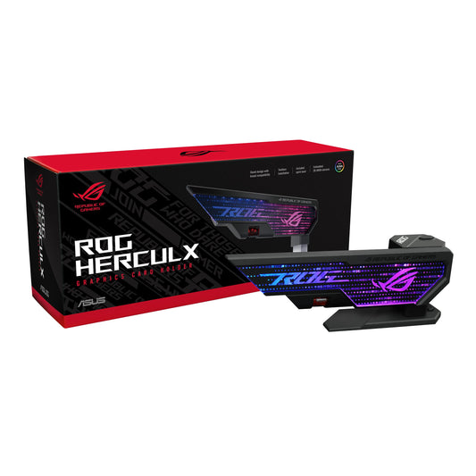 ASUS ROG Herculx - grafikkartes turētājs, augstums 72-128 mm, bezinstrumentu montāža, integrēts līmeņrādis, Aura Sync, melns