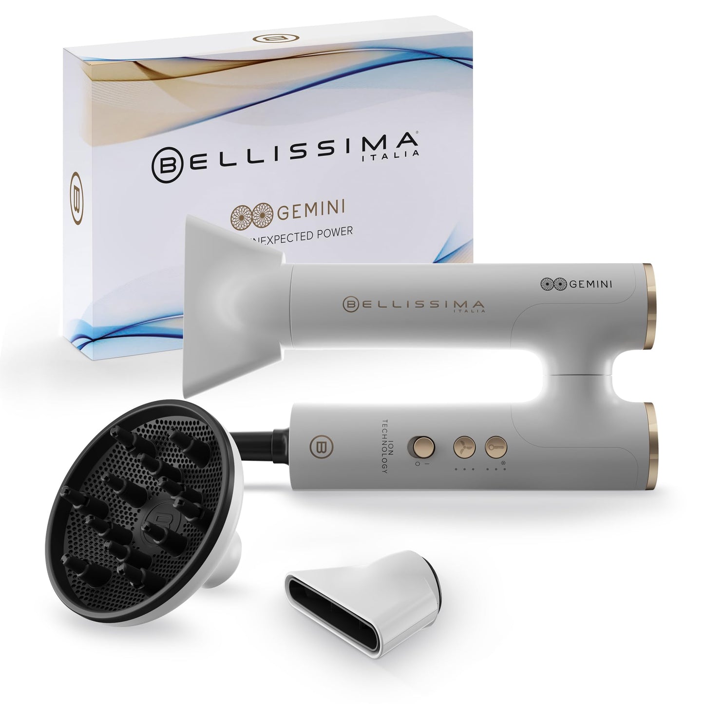 Bellissima Gemini matu fēns, ultrviegls, kompakts, rotējoša rokturis, digitālais motors, ultraspēcīga gaisa plūsma, jonu ģenerators, 2 koncentratori + difuzors, 3 ātrumi + 3 temperatūras
