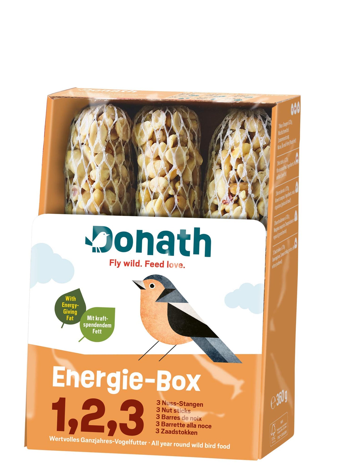 Putnu barība Donath Energie-Box 1,2,3 riekstu stieņi 3 x 120 g ar liellopu taukiem visu gadu savvaļas putniem